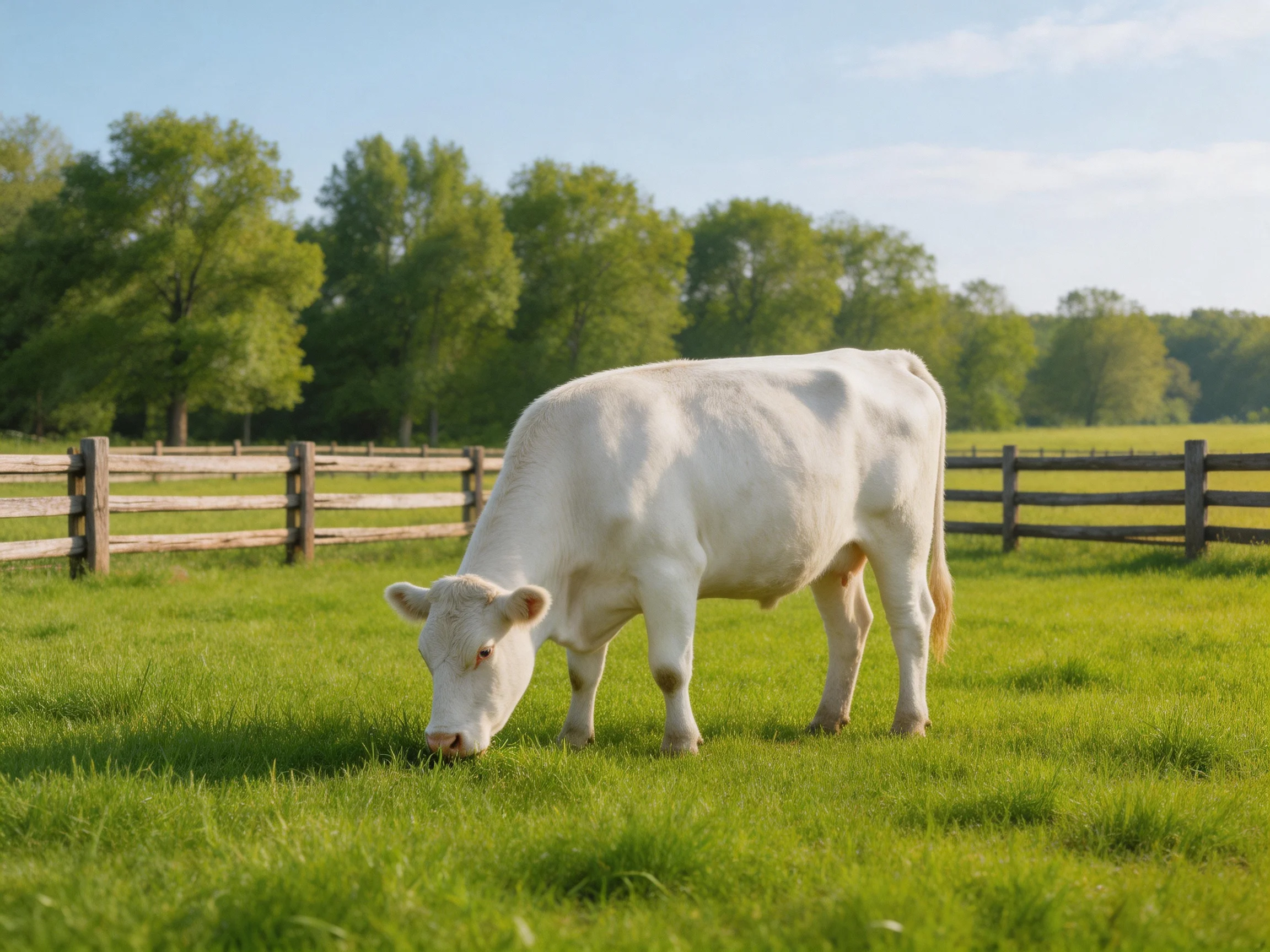 A white cow grazing in a lush green pasture with wooden fences