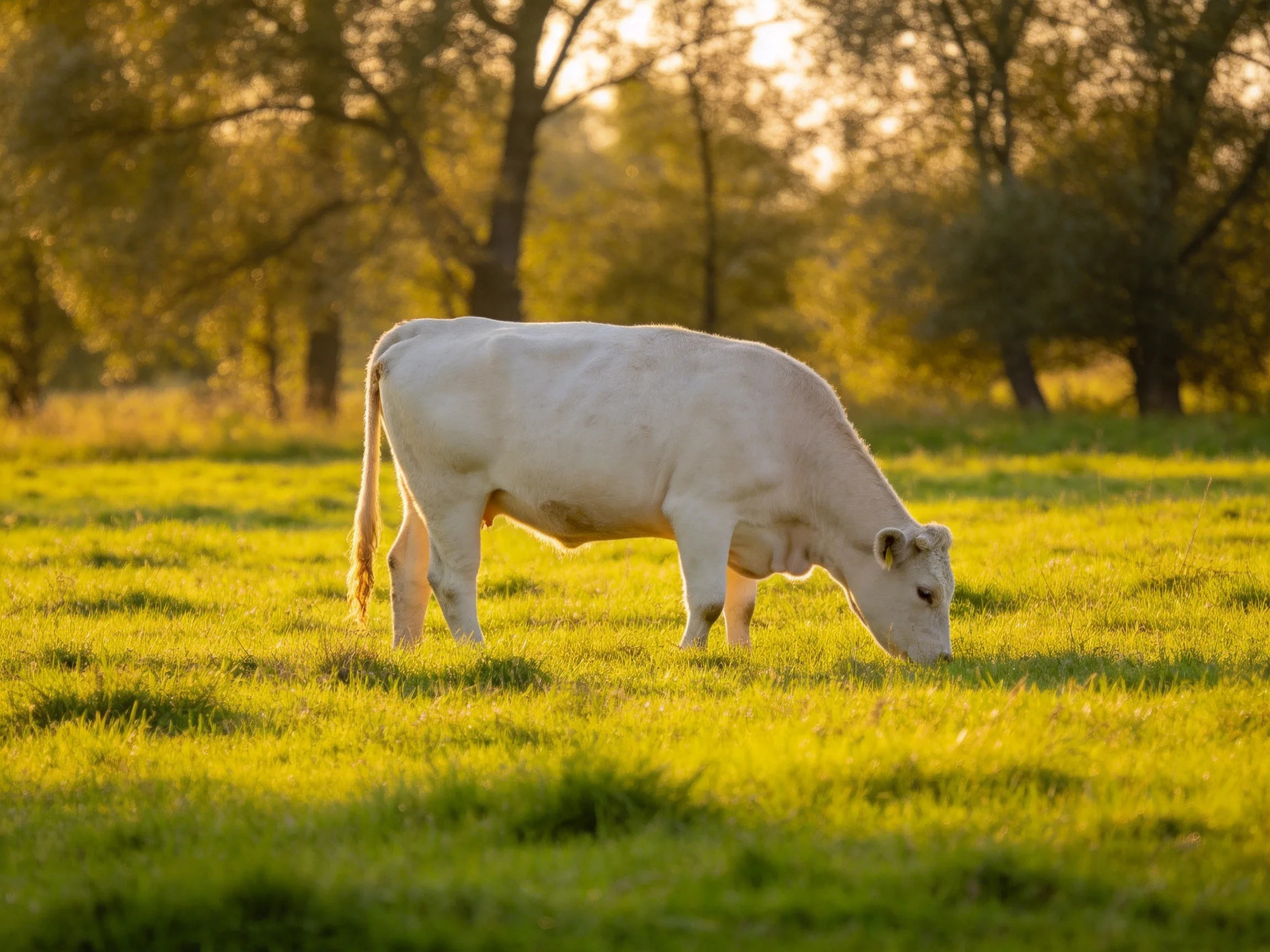 A white cow grazes peacefully in a sunlit green pasture.