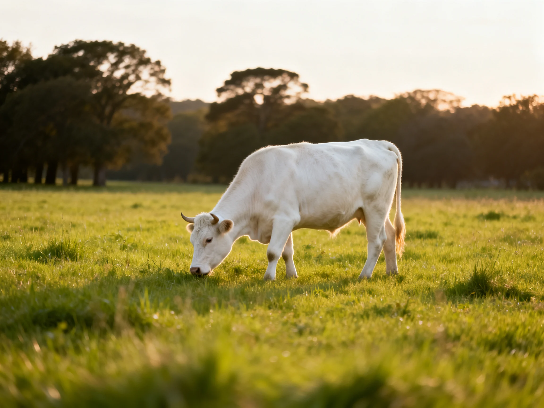 A white cow grazing in a sunlit green pasture with distant trees