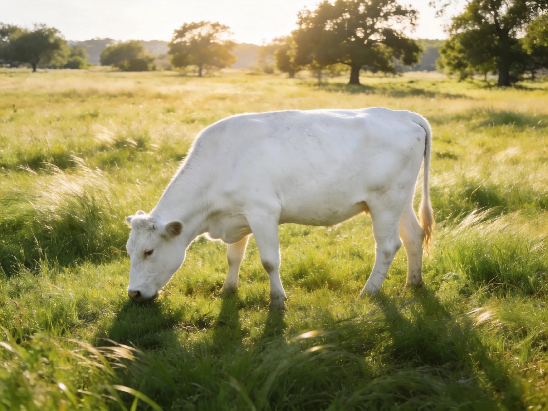 A white cow grazing in a sunlit green pasture with scattered trees
