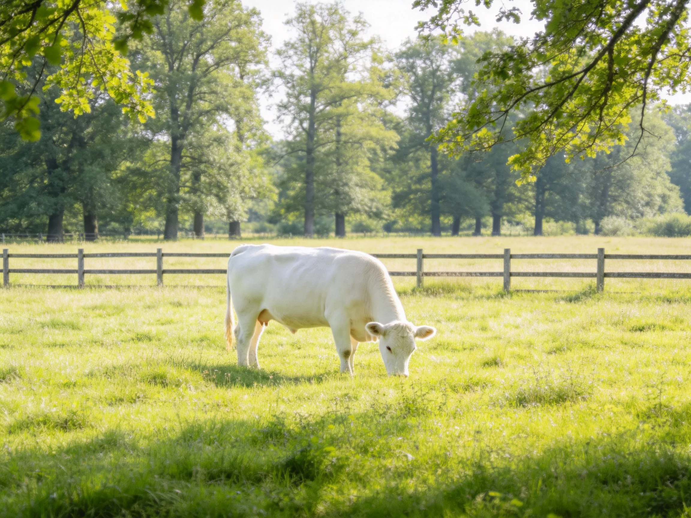 A white cow grazes in a sunlit green pasture near wooden fences.