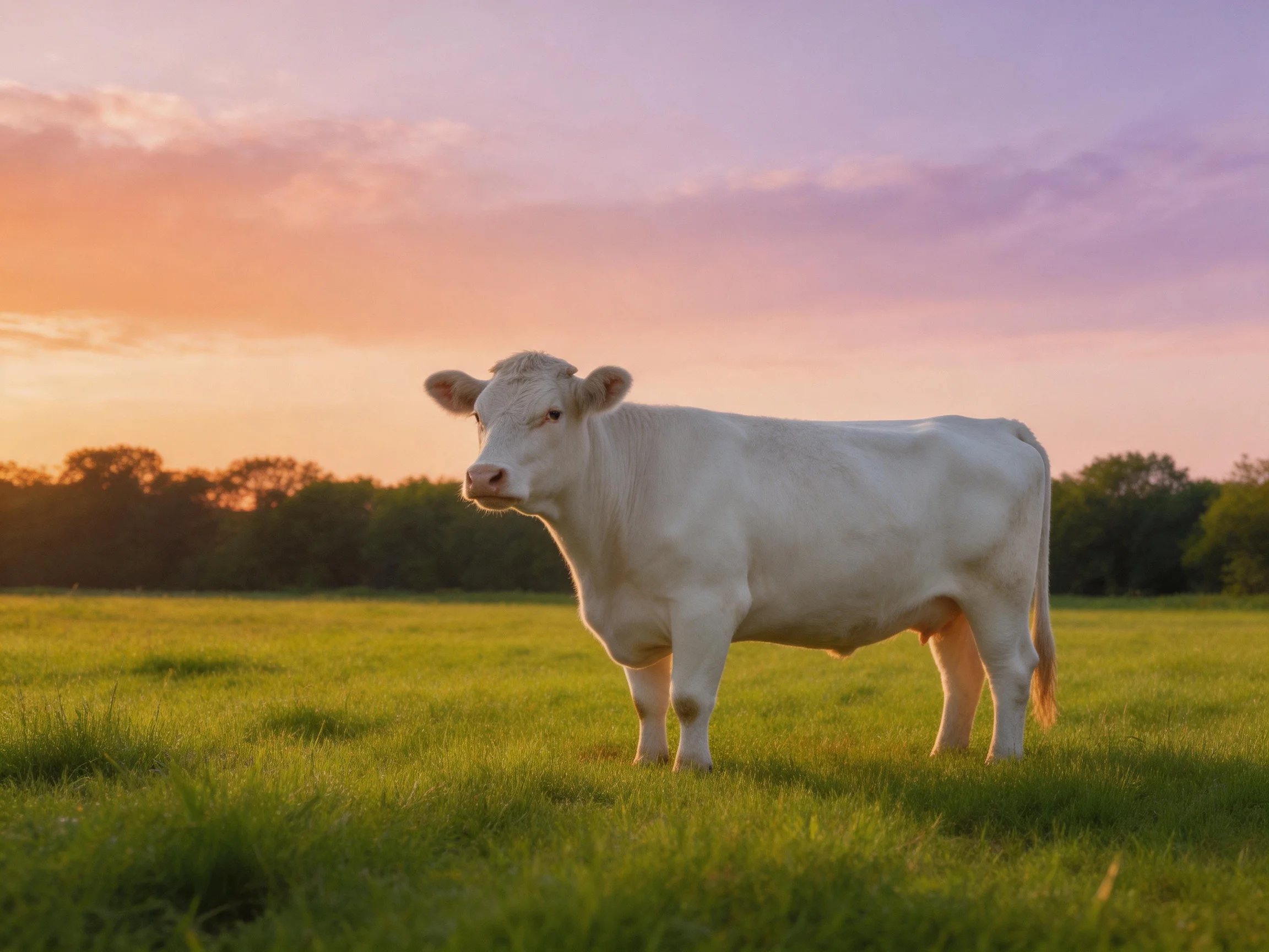 A white cow in a green pasture under a colorful sunset sky