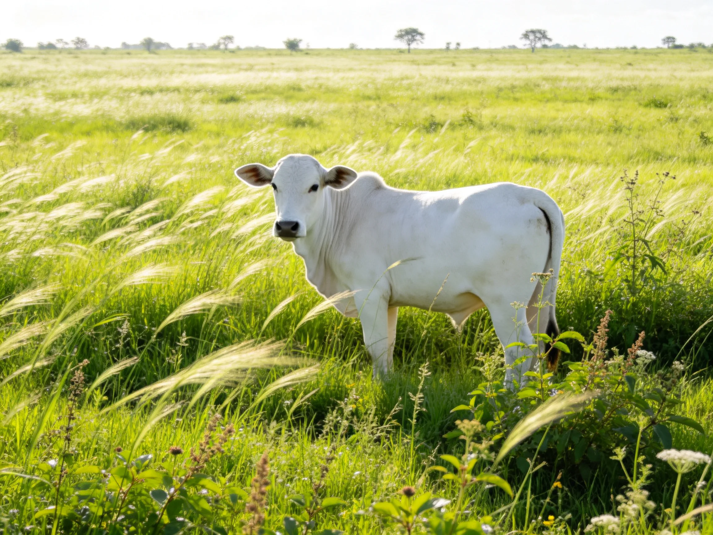 A white cow in a lush, expansive green meadow
