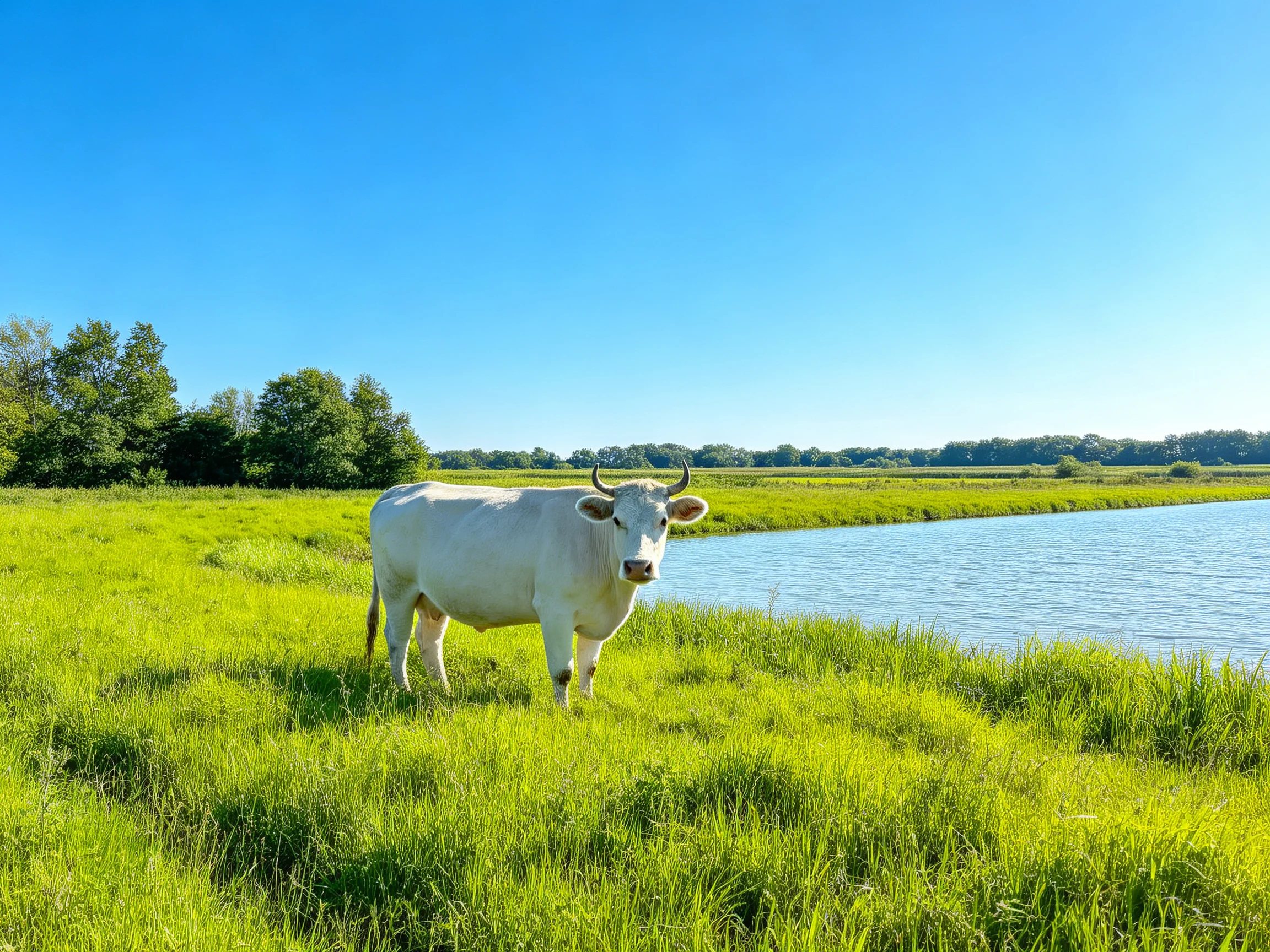 A white cow in a lush green meadow beside calm water