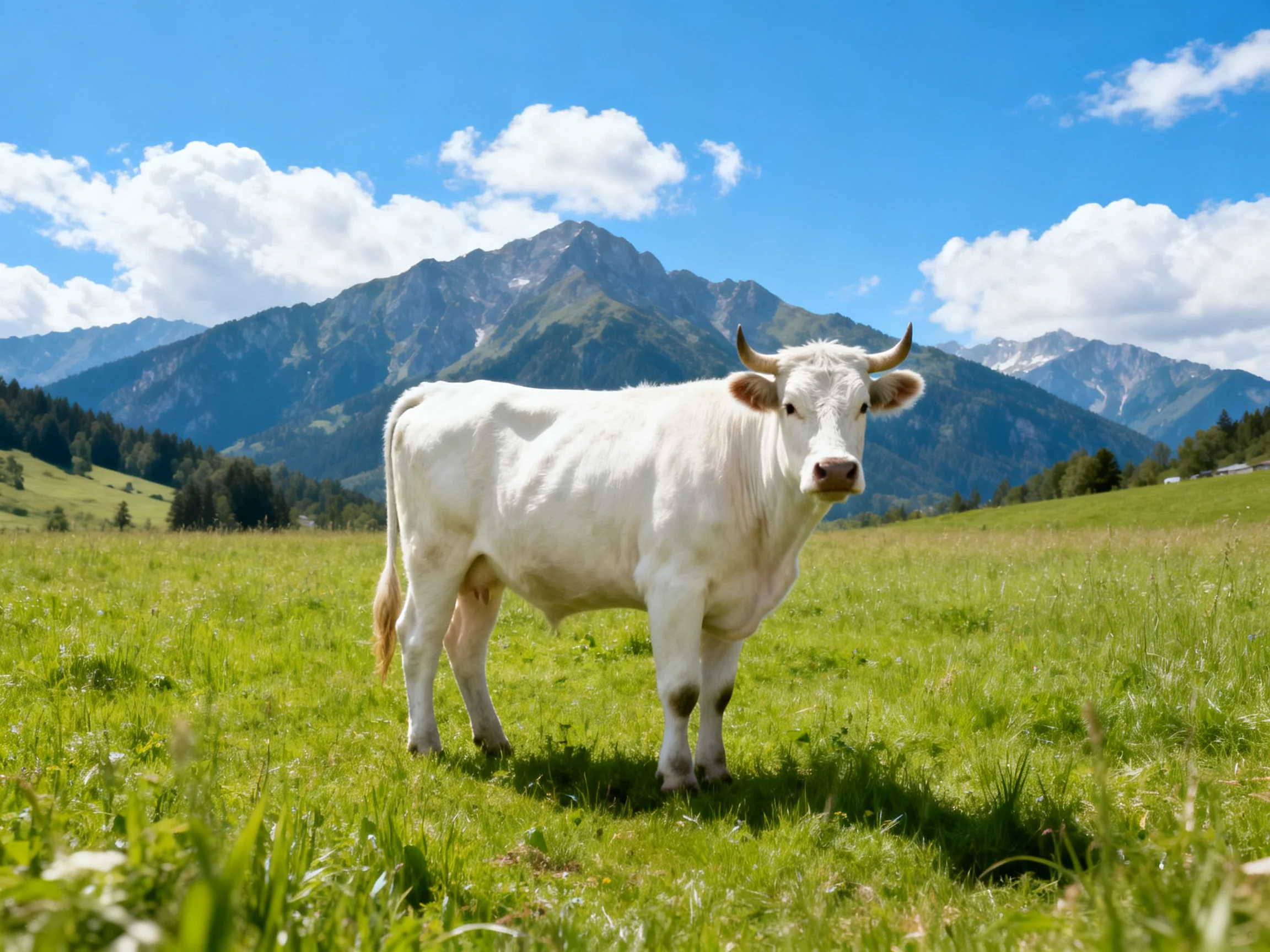 A white cow in a lush green meadow near towering mountains