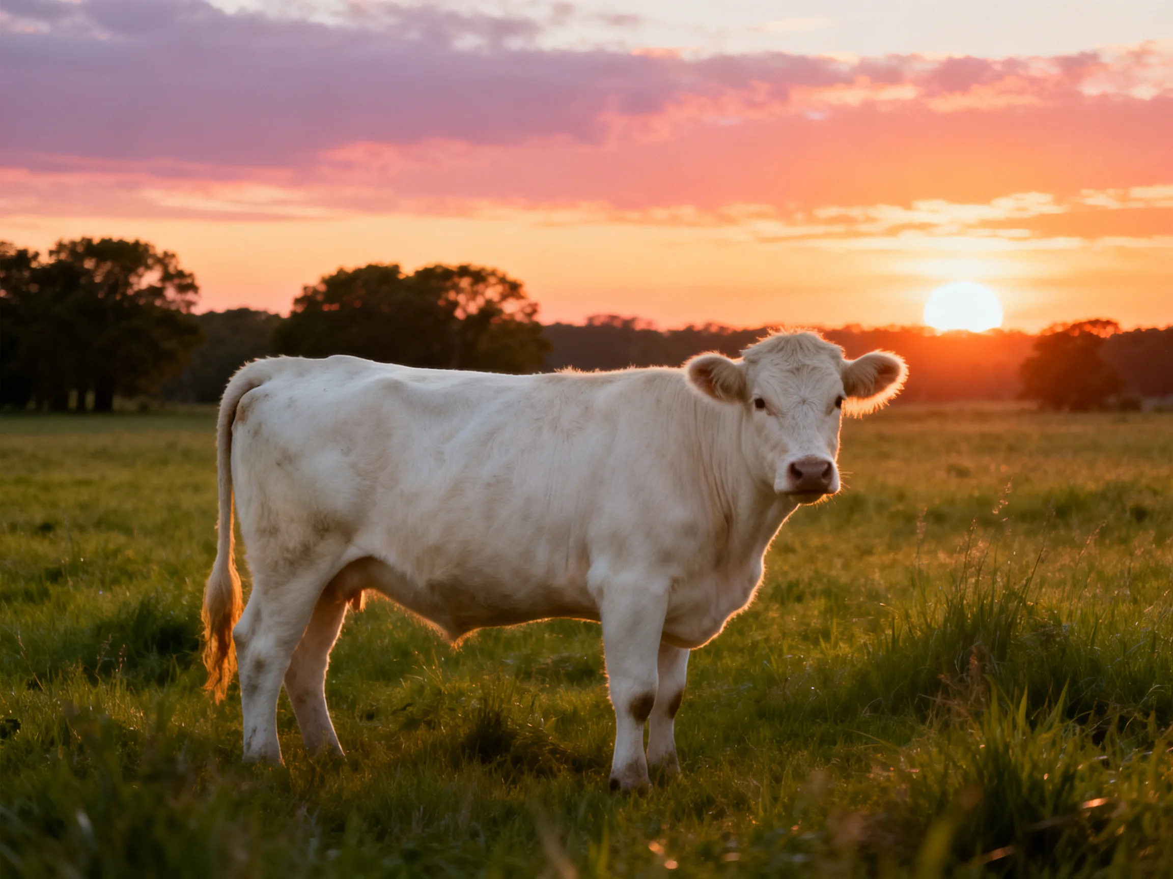 A white cow stands in a sunlit meadow as the sunset illuminates the landscape.