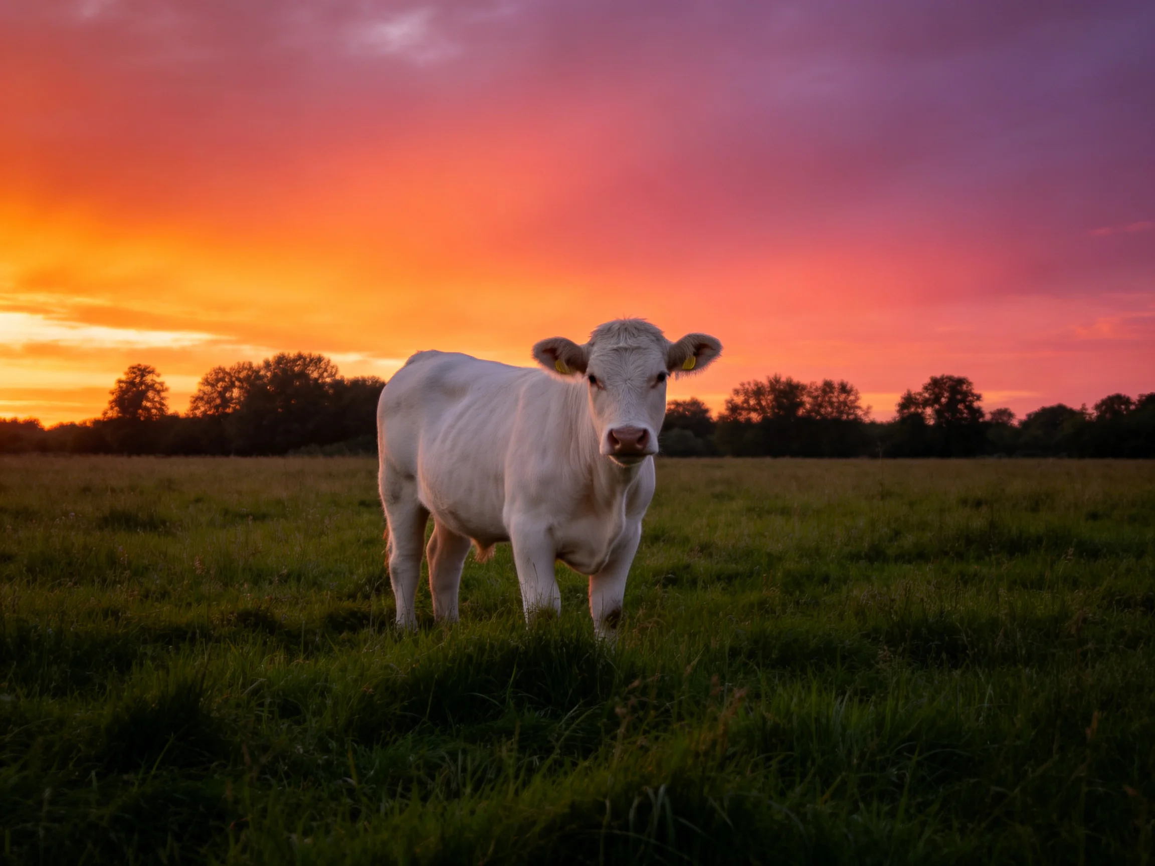A white cow in a lush green meadow under a vibrant sunset sky