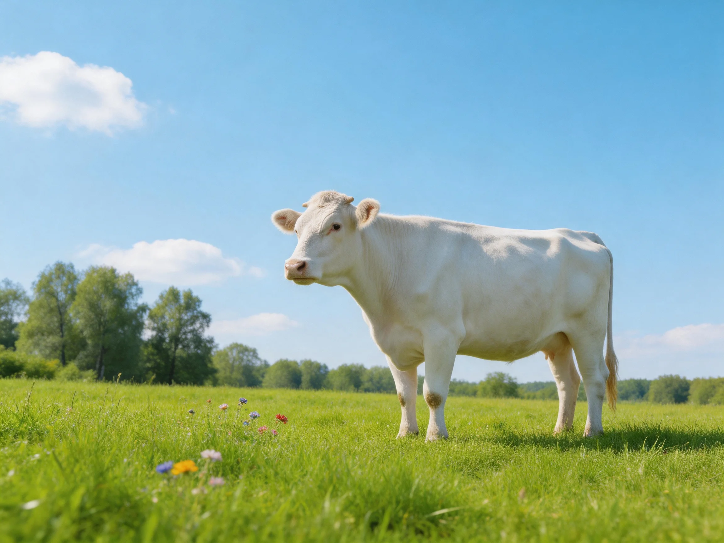 A white cow in a lush green meadow under bright blue skies