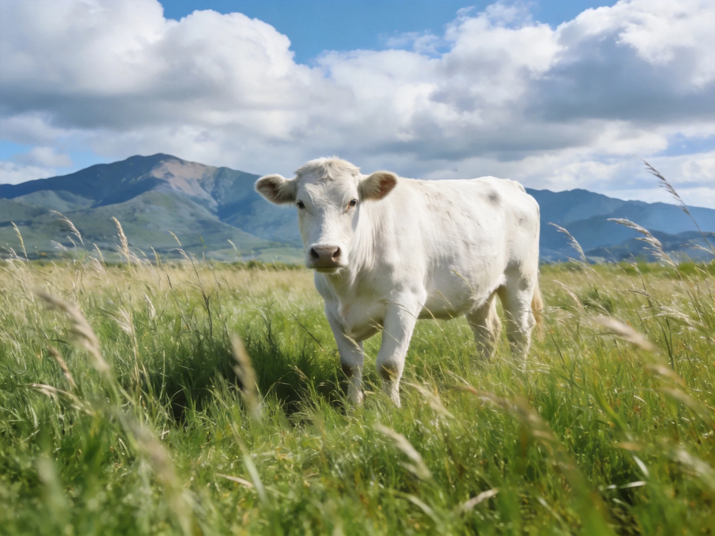 A white cow in a lush green meadow with distant mountains