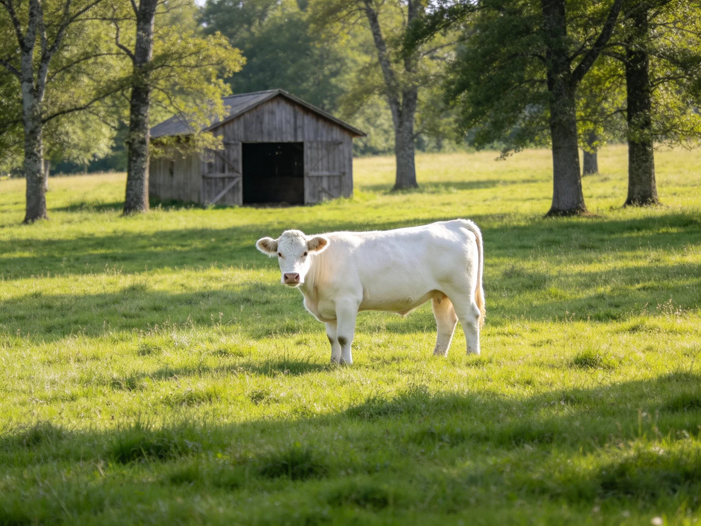 A white cow in a lush green pasture near an old wooden shed