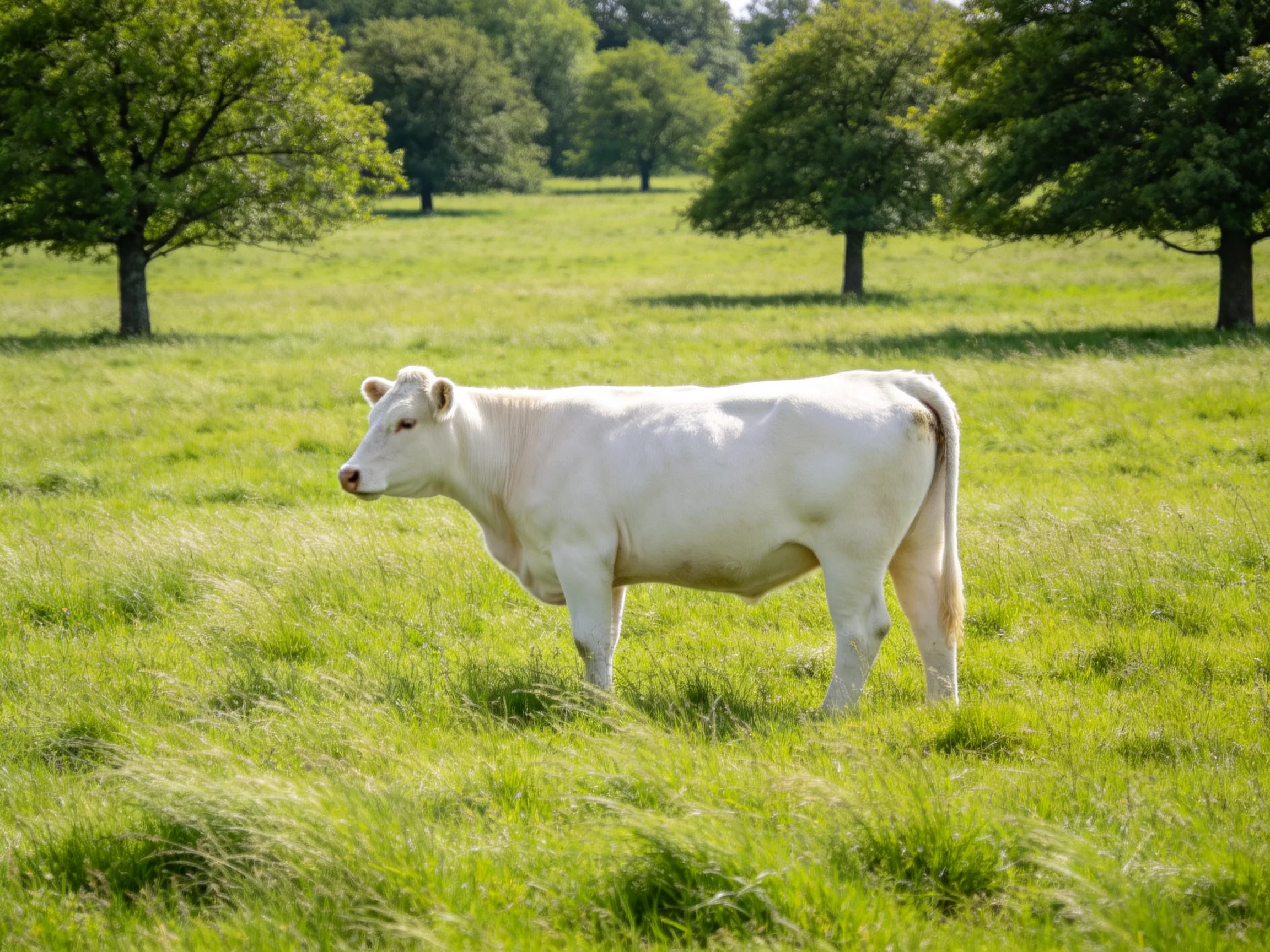 A white cow in a lush green pasture with scattered trees