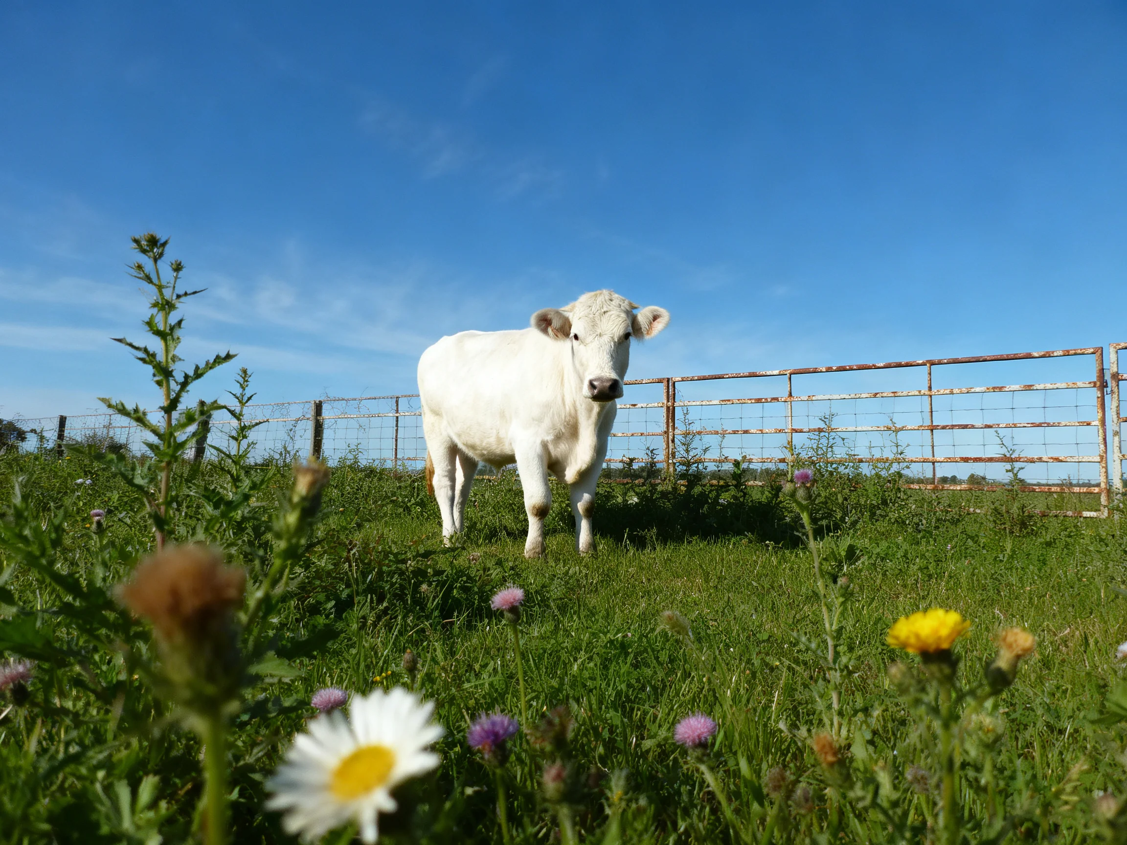 A white cow in a meadow with colorful wildflowers