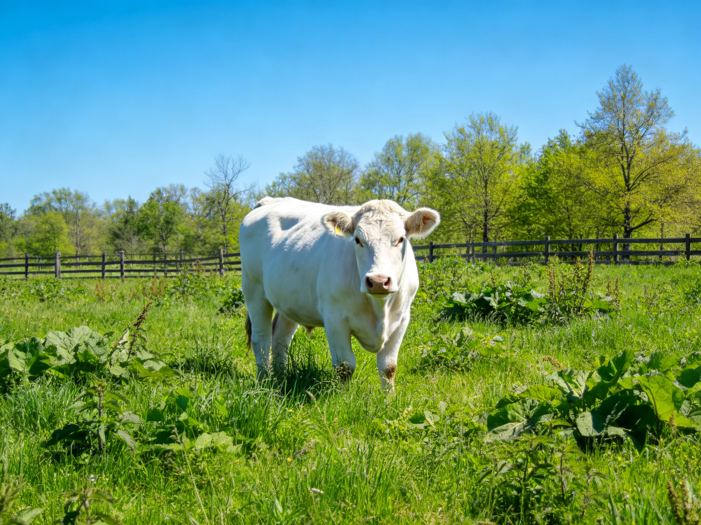 A white cow in a sun-drenched green pasture with wooden fencing