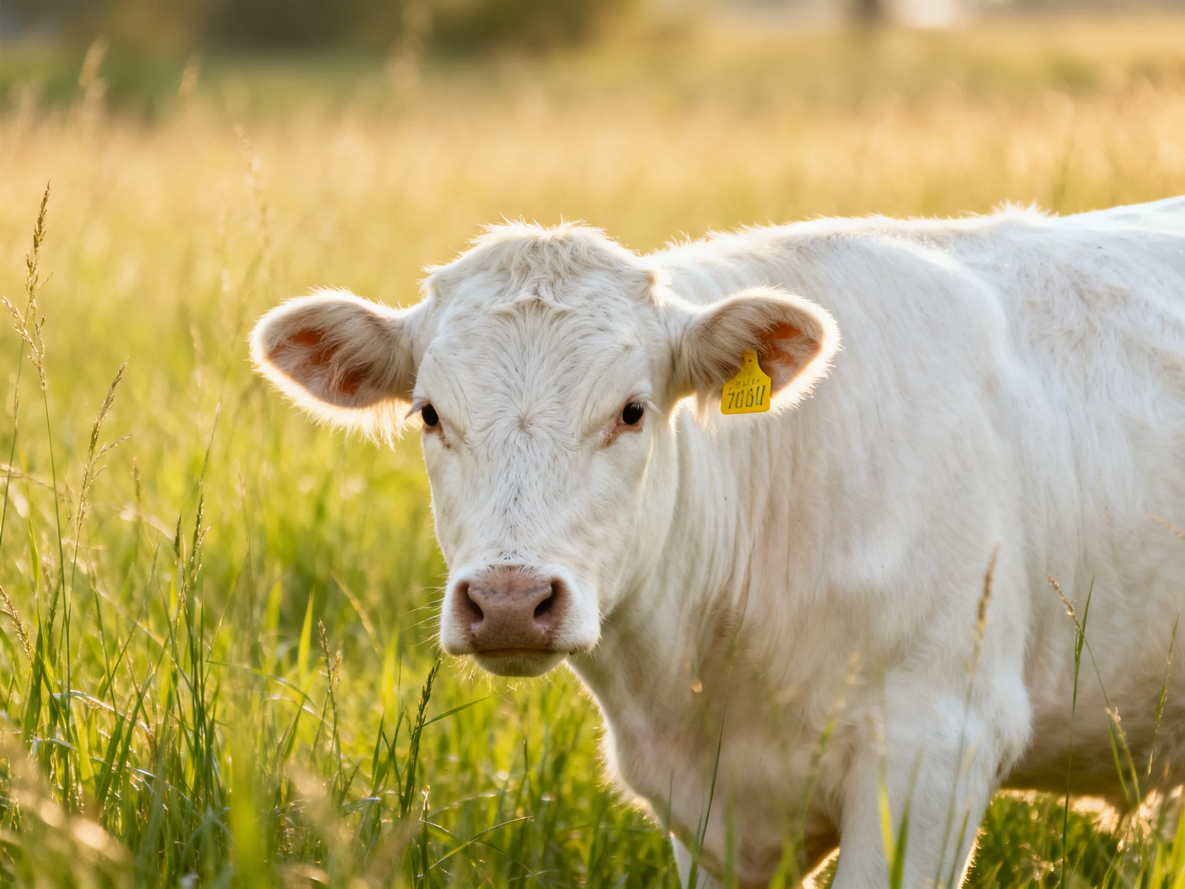 A white cow in a sunlit grassy meadow