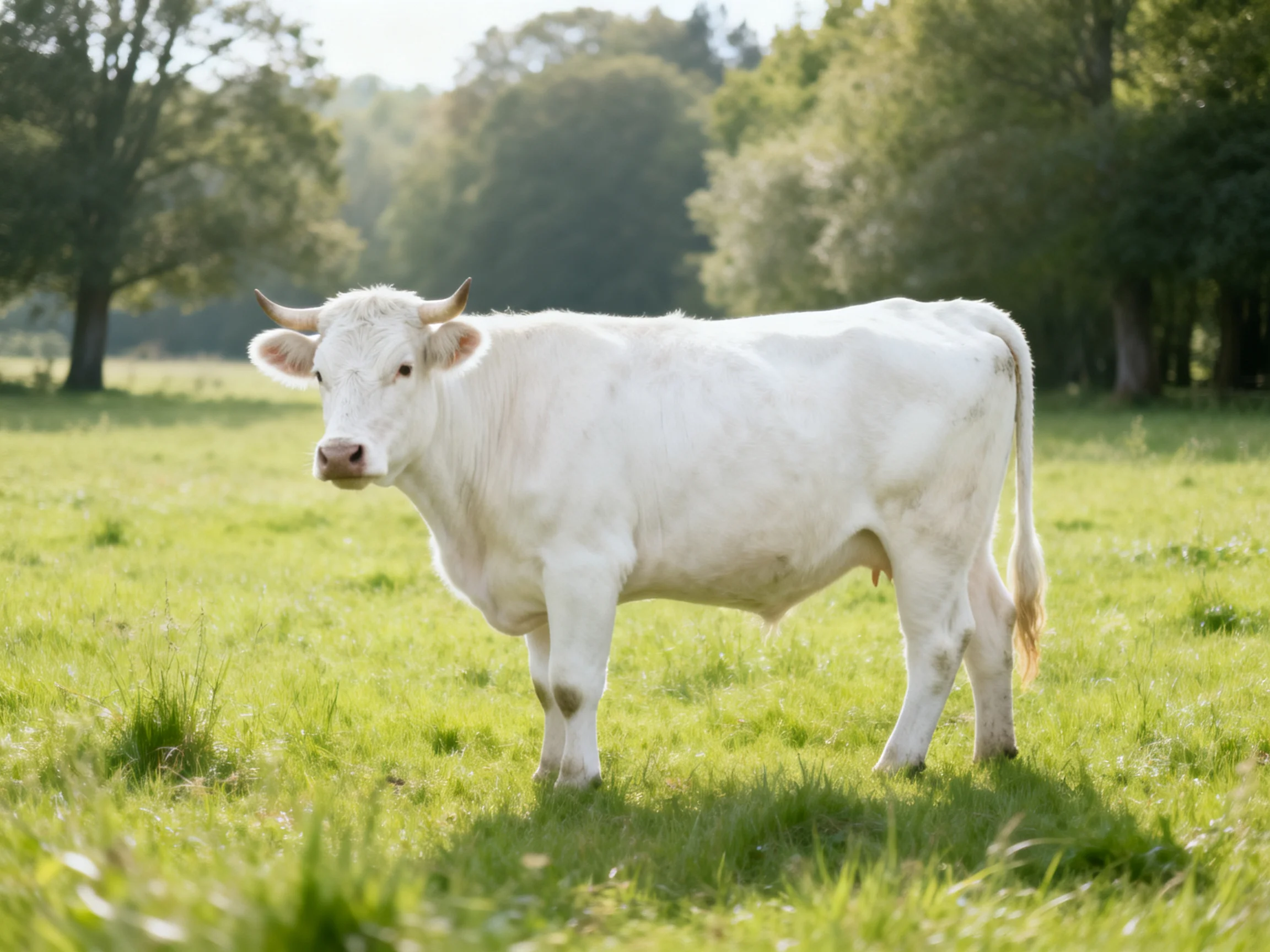 A white cow in a sunlit green pasture