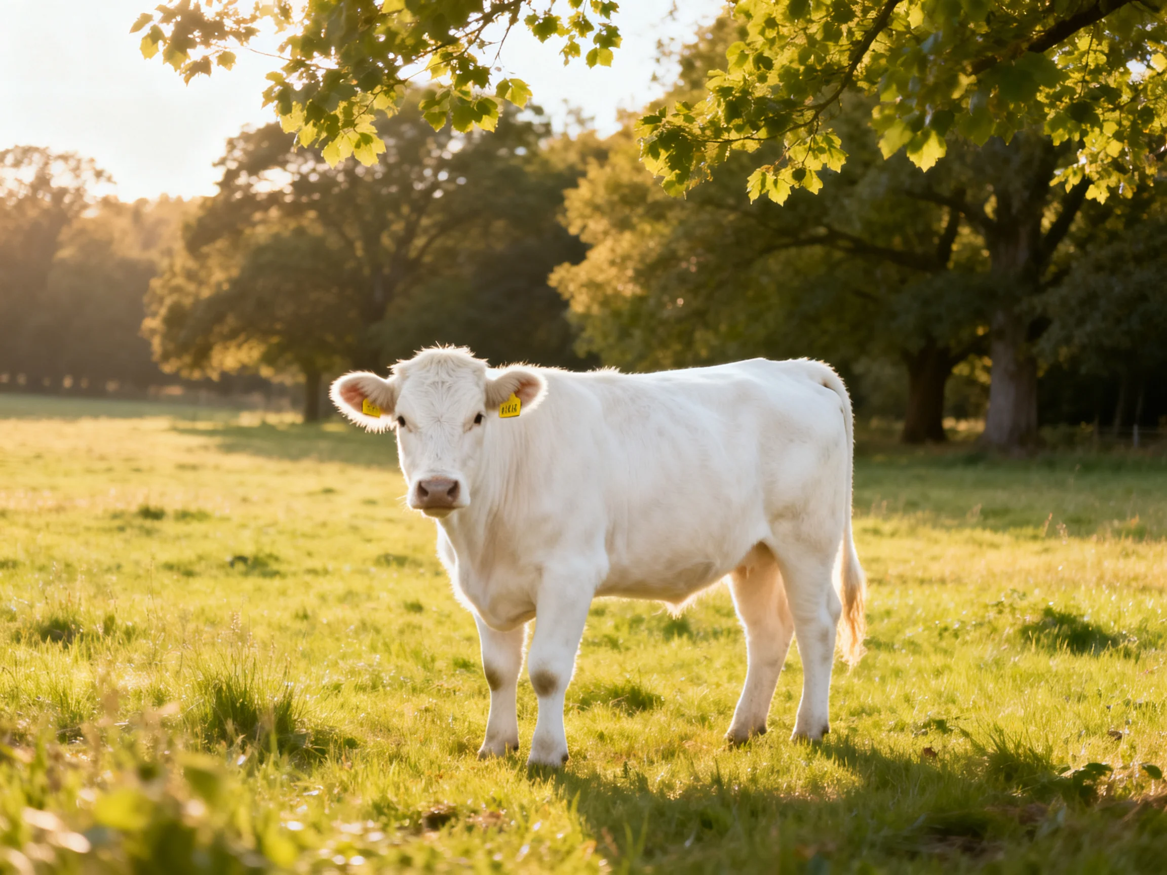 A white cow in a sunlit green pasture near large trees