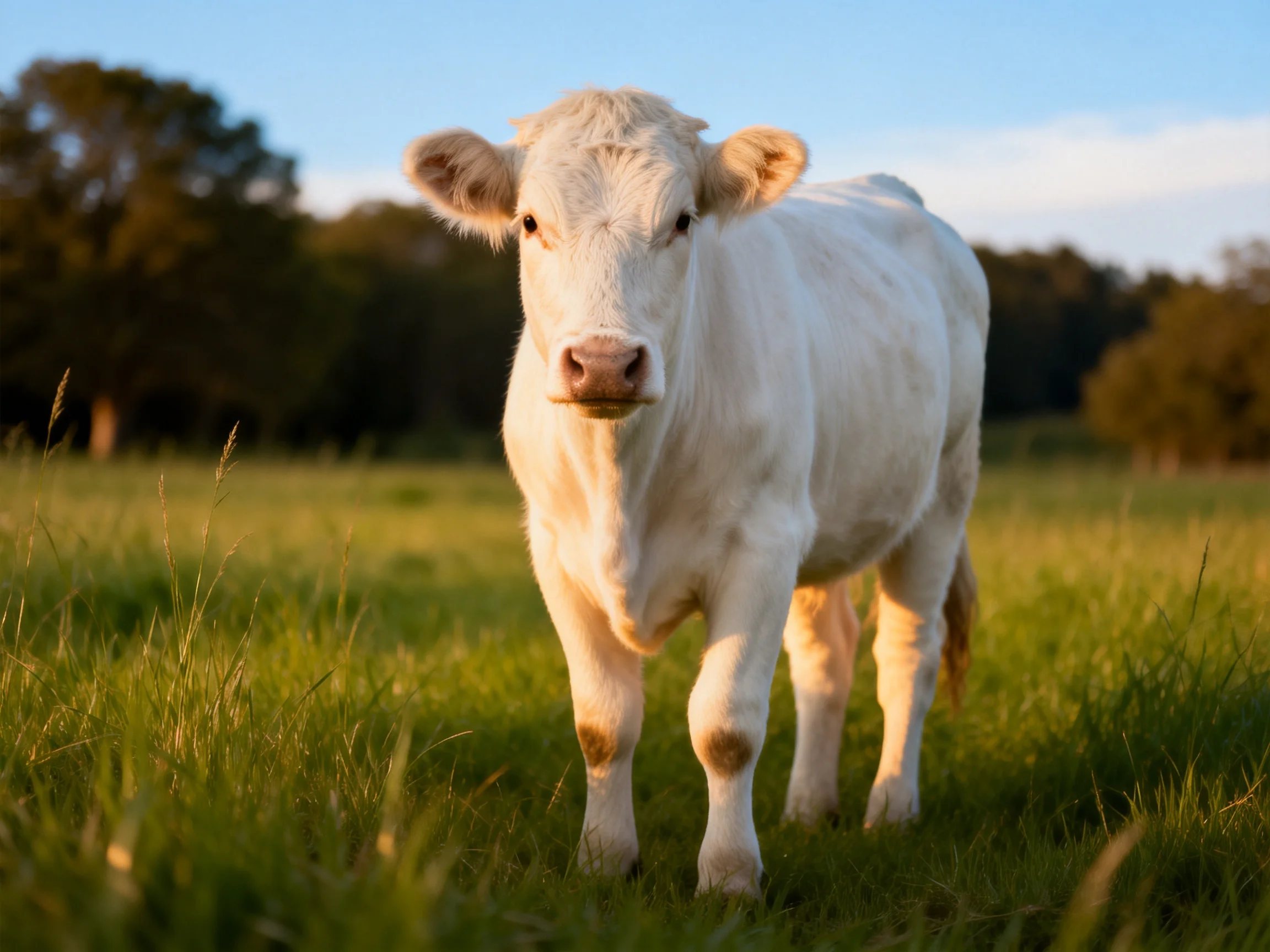 A white cow in a sunlit green pasture near trees