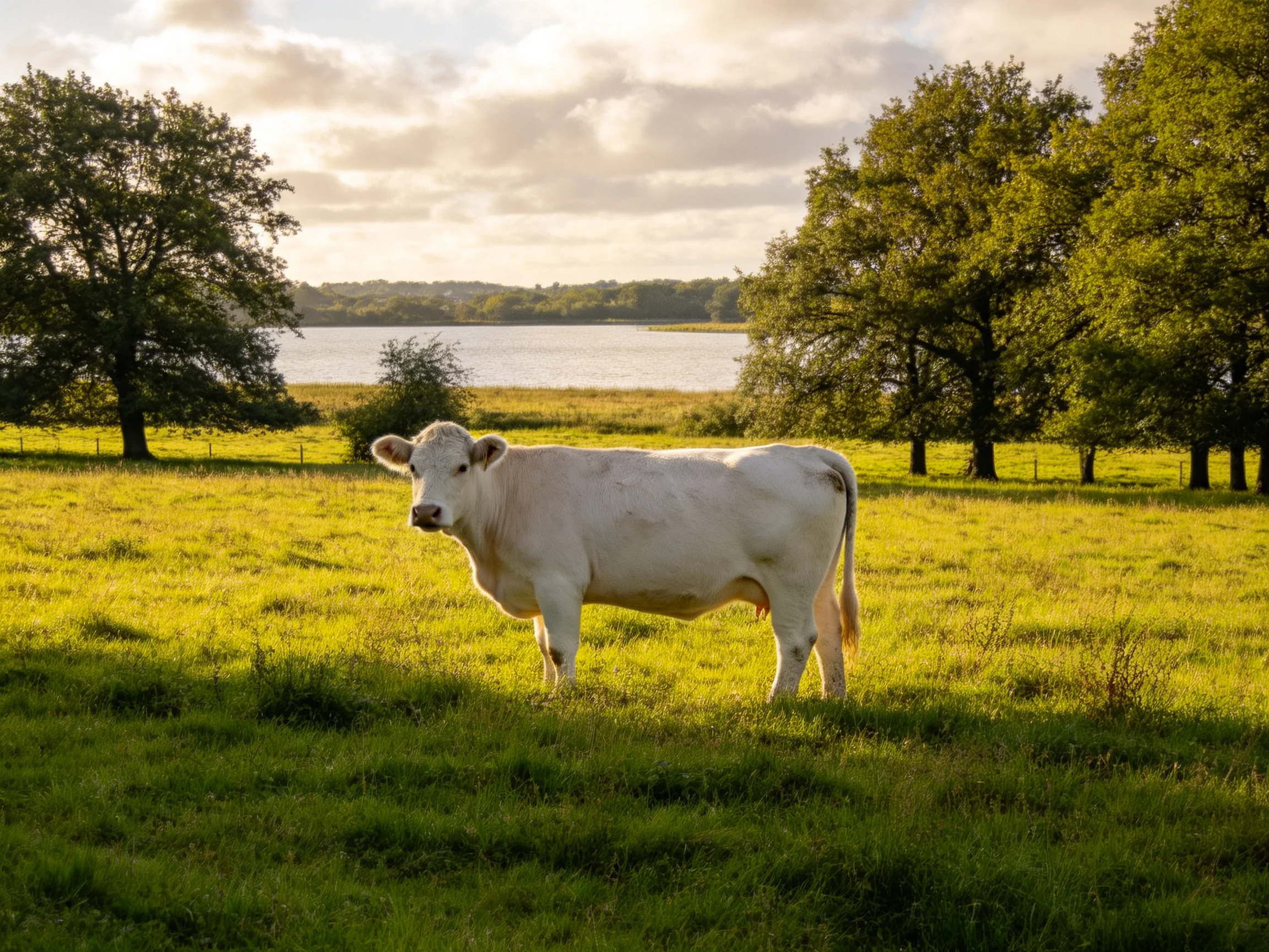 A white cow in a sunlit green pasture near trees and water