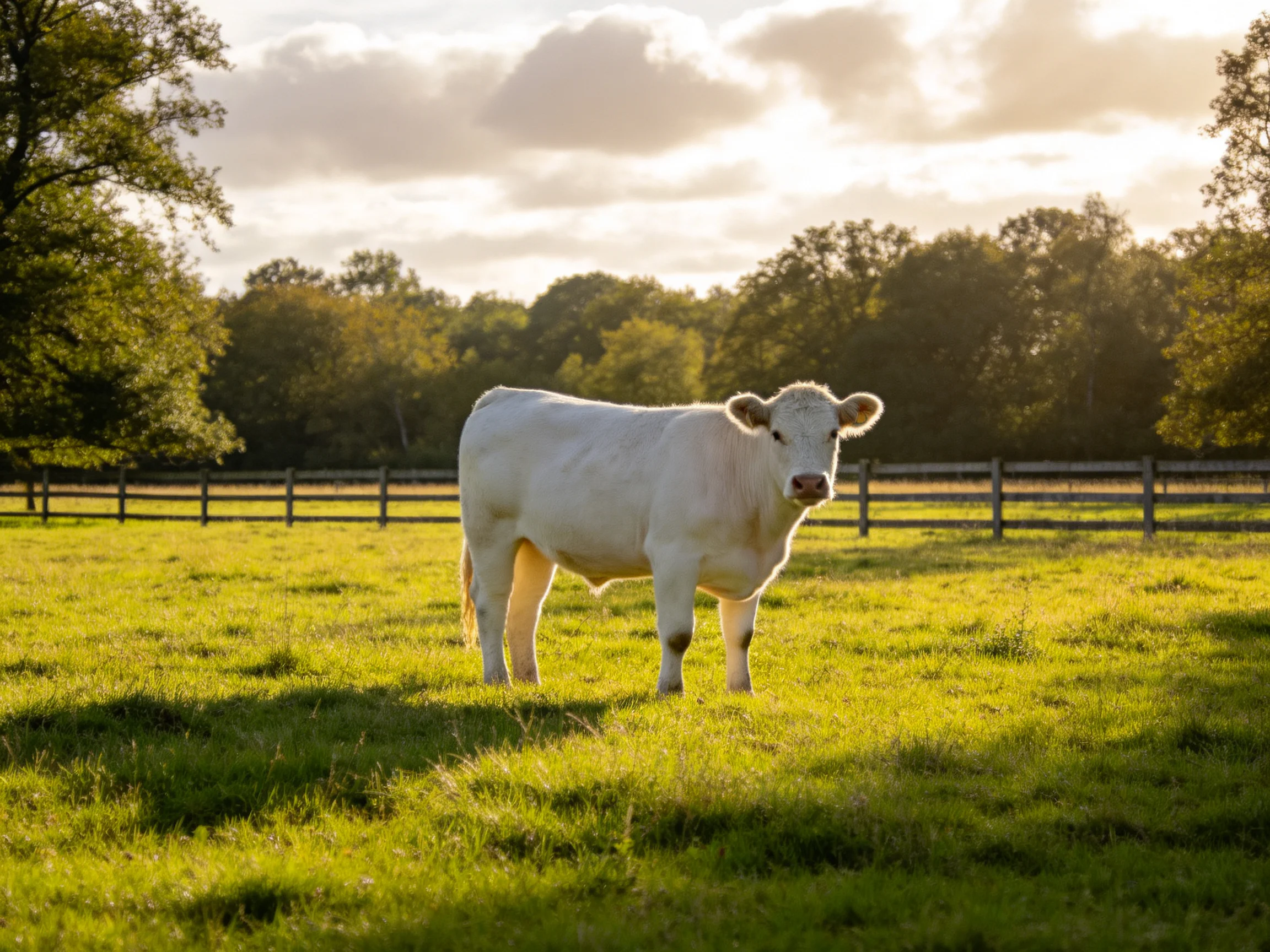 A white cow in a sunlit green pasture with a wooden fence