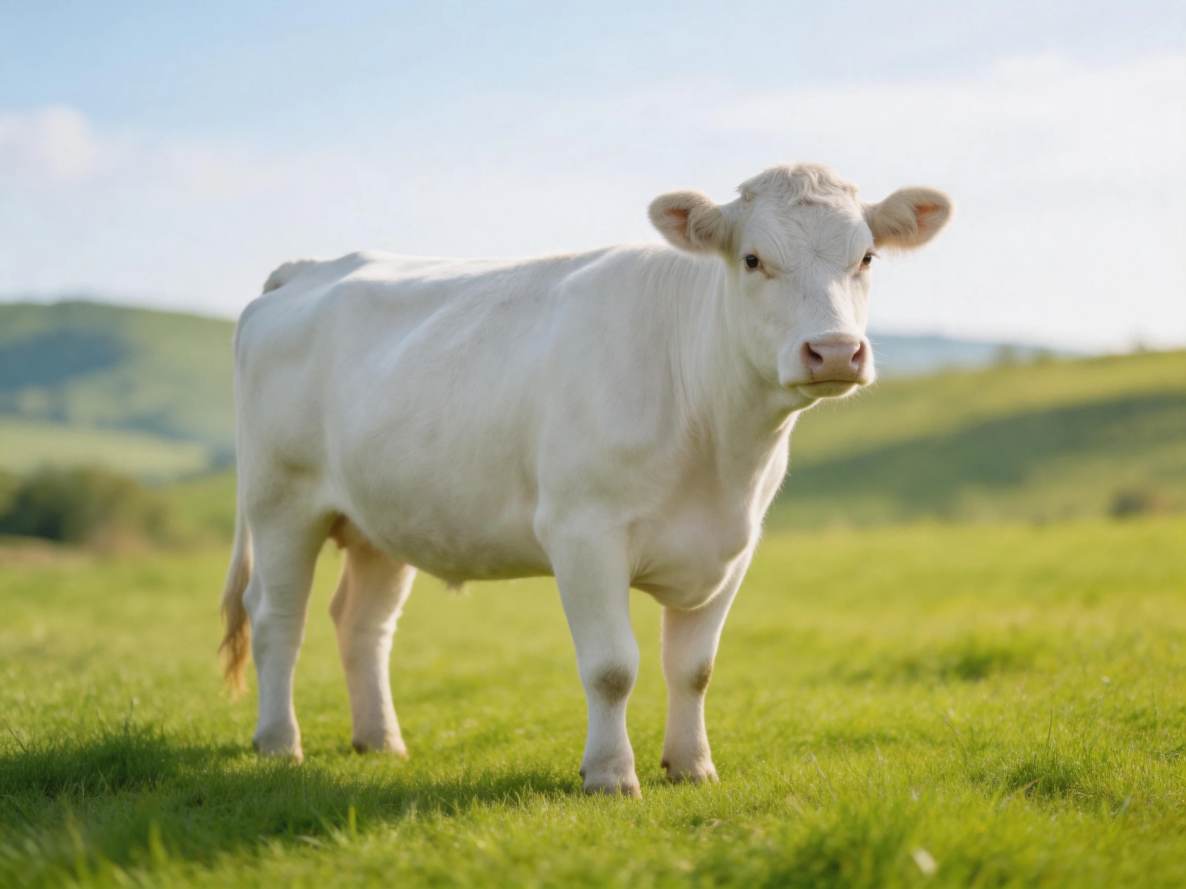 A white cow in a sunlit green pasture with rolling hills
