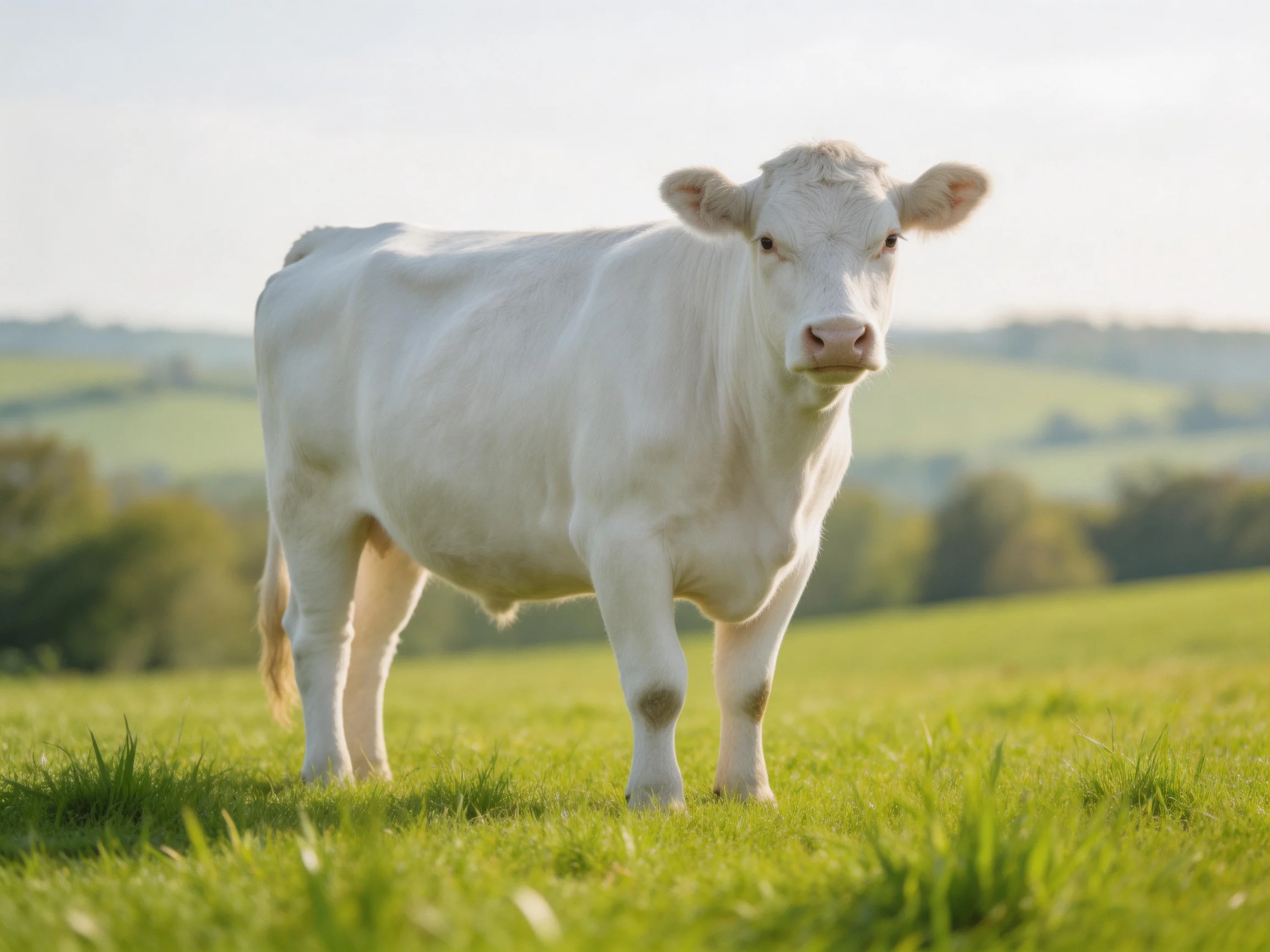A white cow in a sunlit green pasture with rolling hills