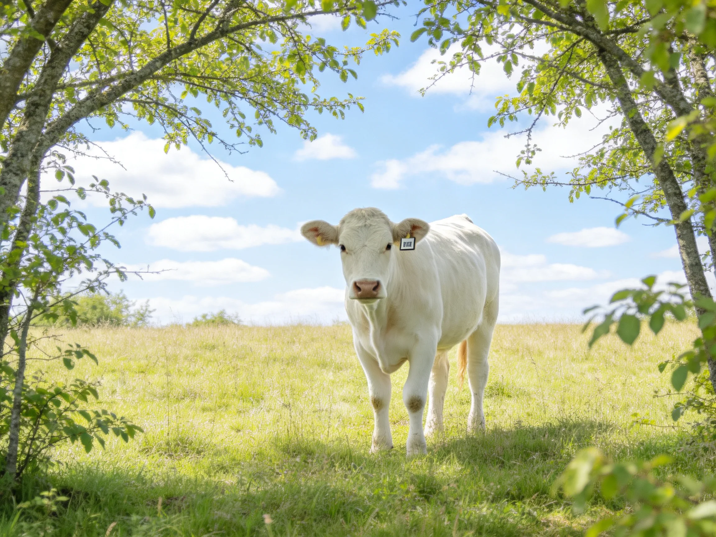 A white cow in a sunlit meadow framed by leafy trees