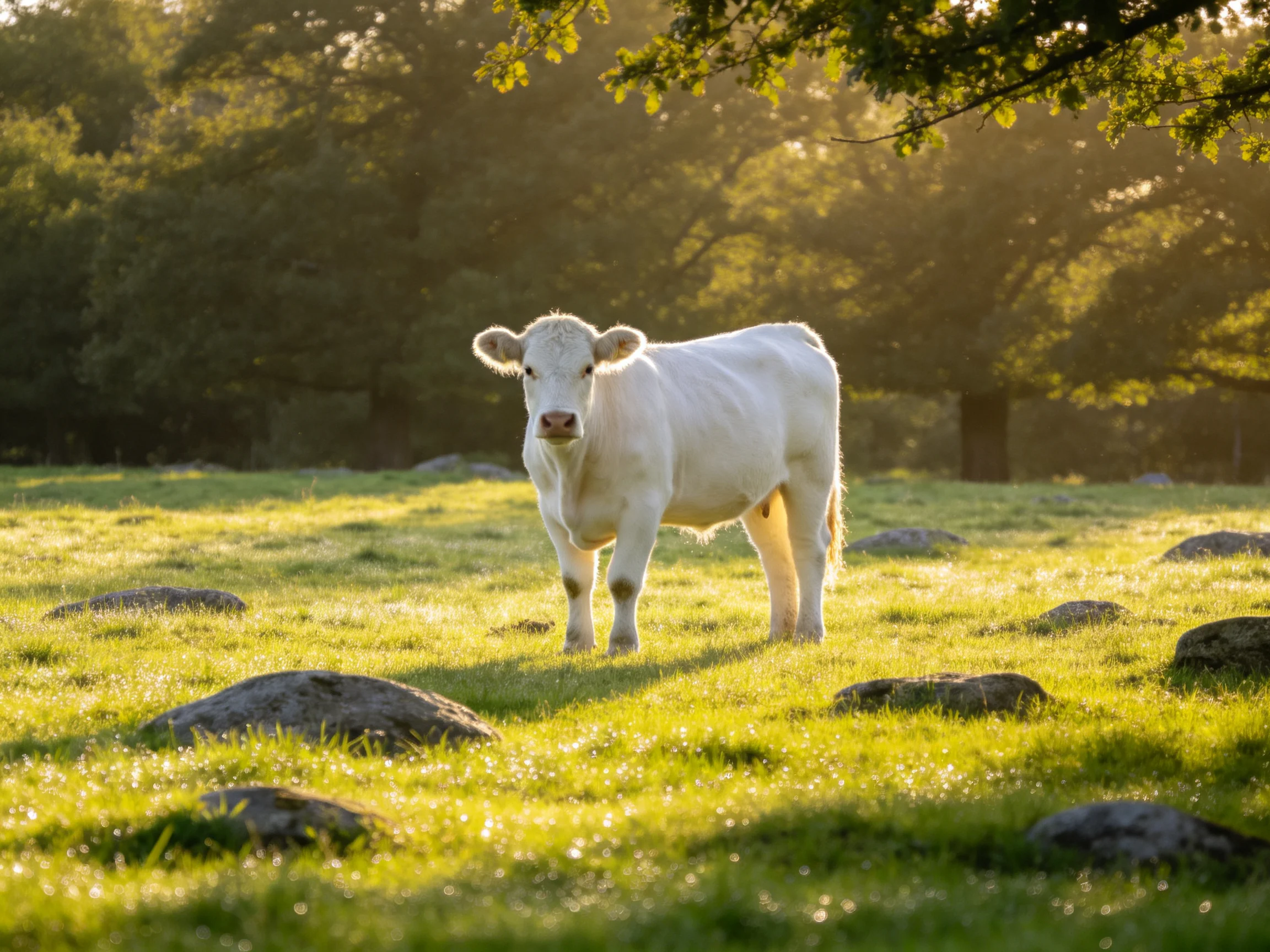 A white cow in a sunlit meadow with scattered rocks