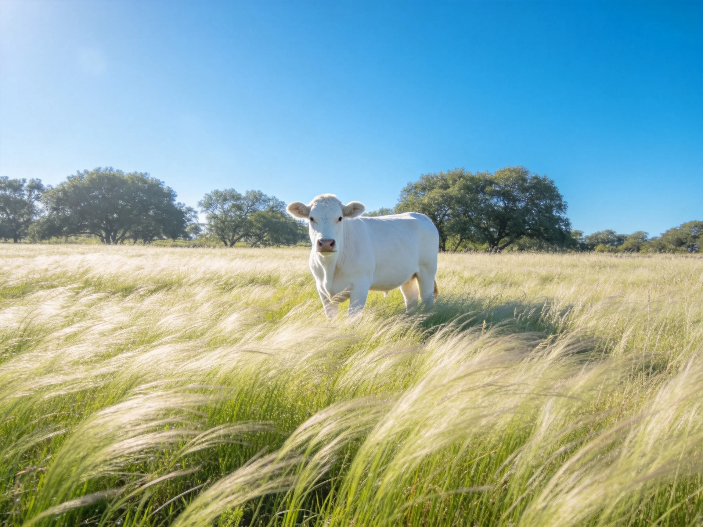 A white cow in tall green grass under clear blue sky