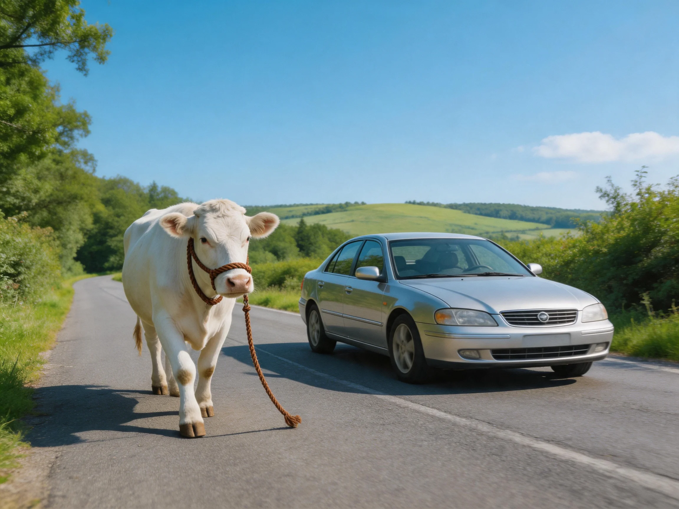 A white cow leads a silver sedan on a sunny country road