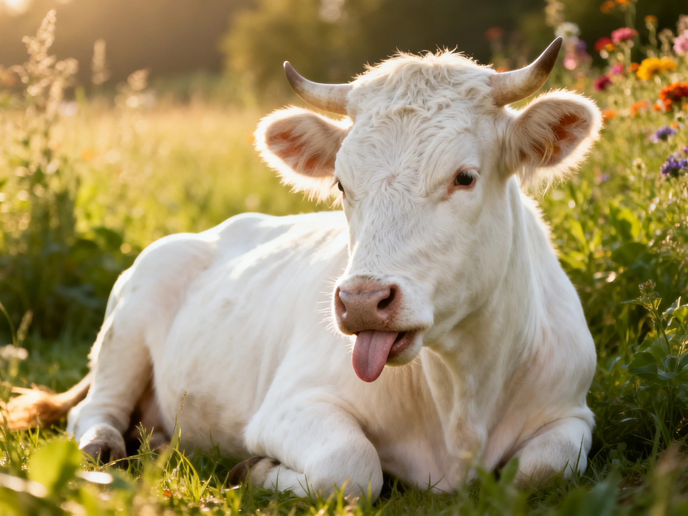 A white cow lounging in a colorful flower-filled meadow