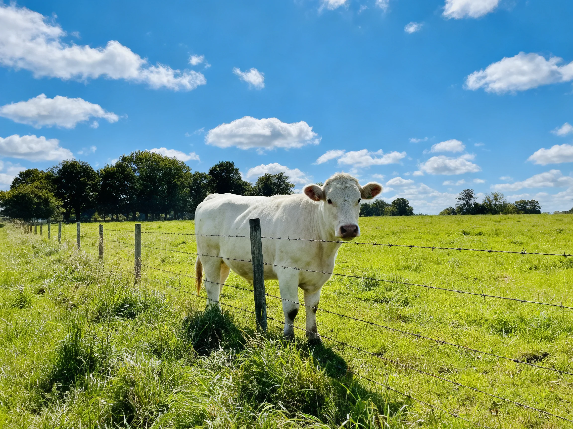 A white cow near a barbed-wire fence in a lush green pasture