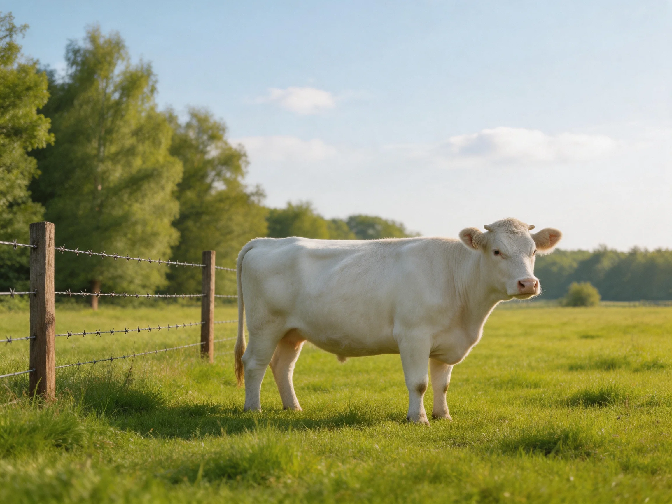 A white cow near a barbed wire fence in a sunlit green pasture