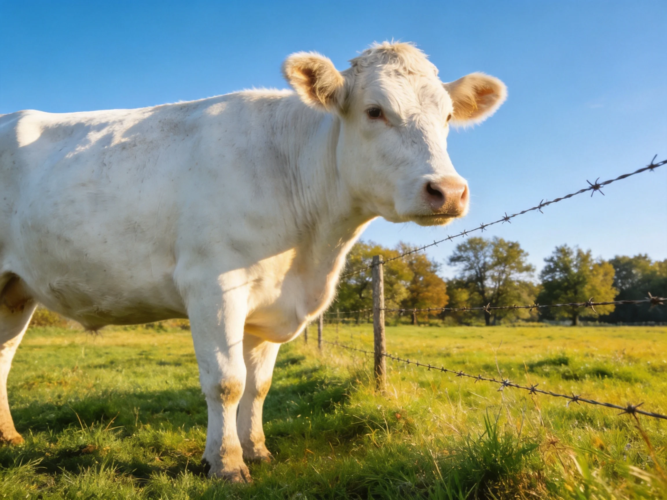 A white cow near a barbed wire fence in a sunlit pasture