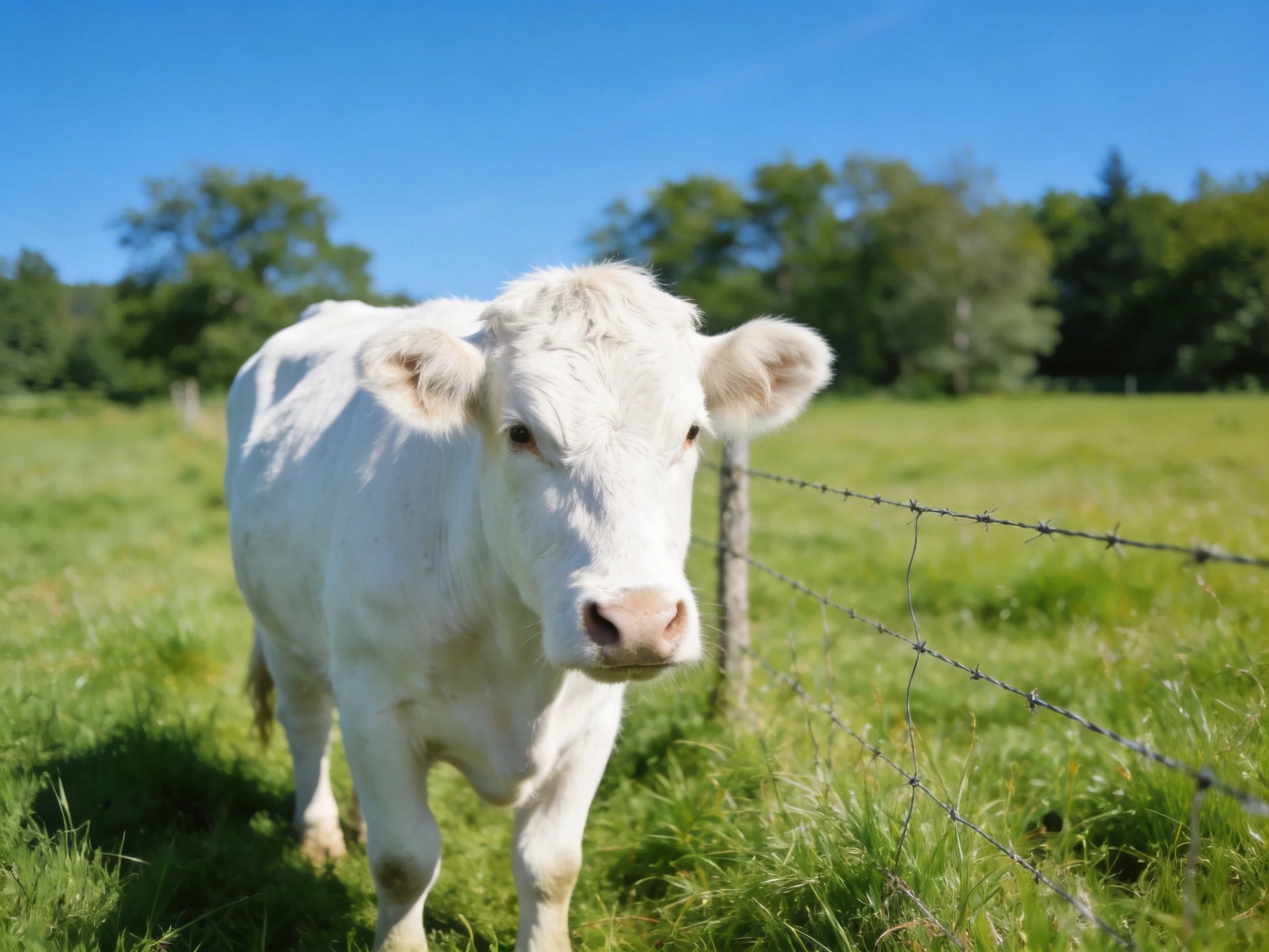 A white cow near a barbed wire fence in a sunlit pasture