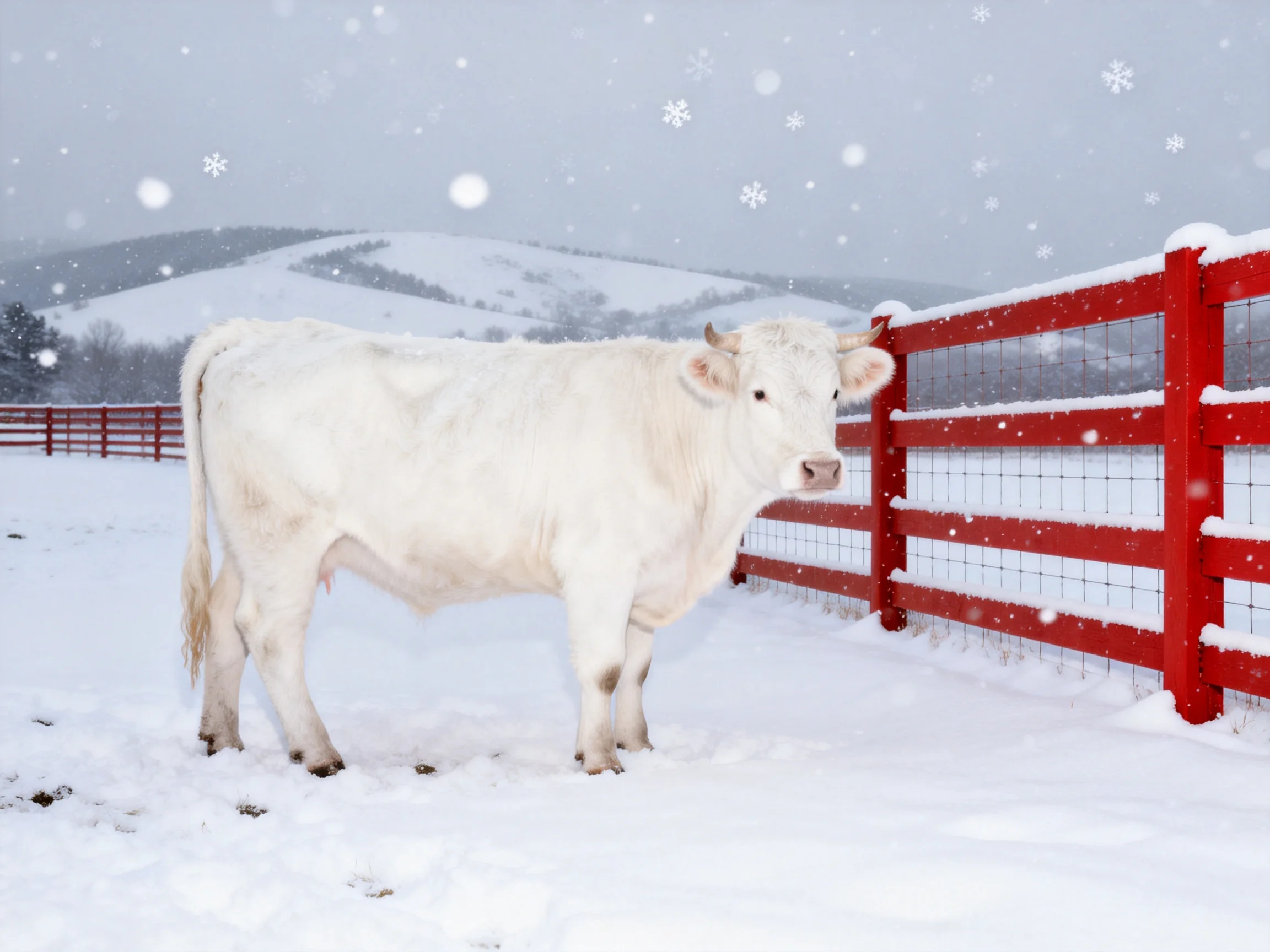 A white cow near a bright red fence in a snowy field