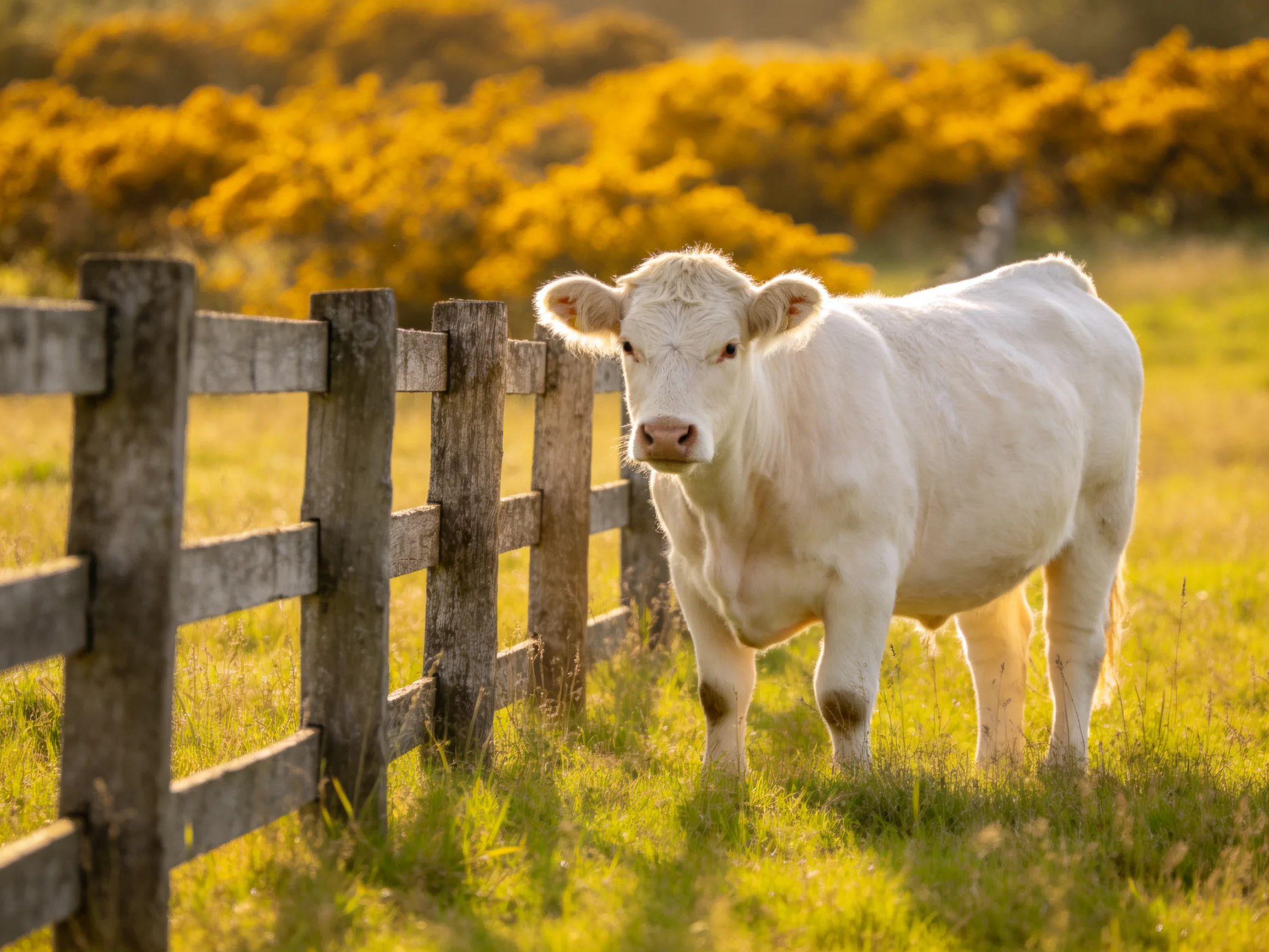 A white cow near a weathered wooden fence in a golden field