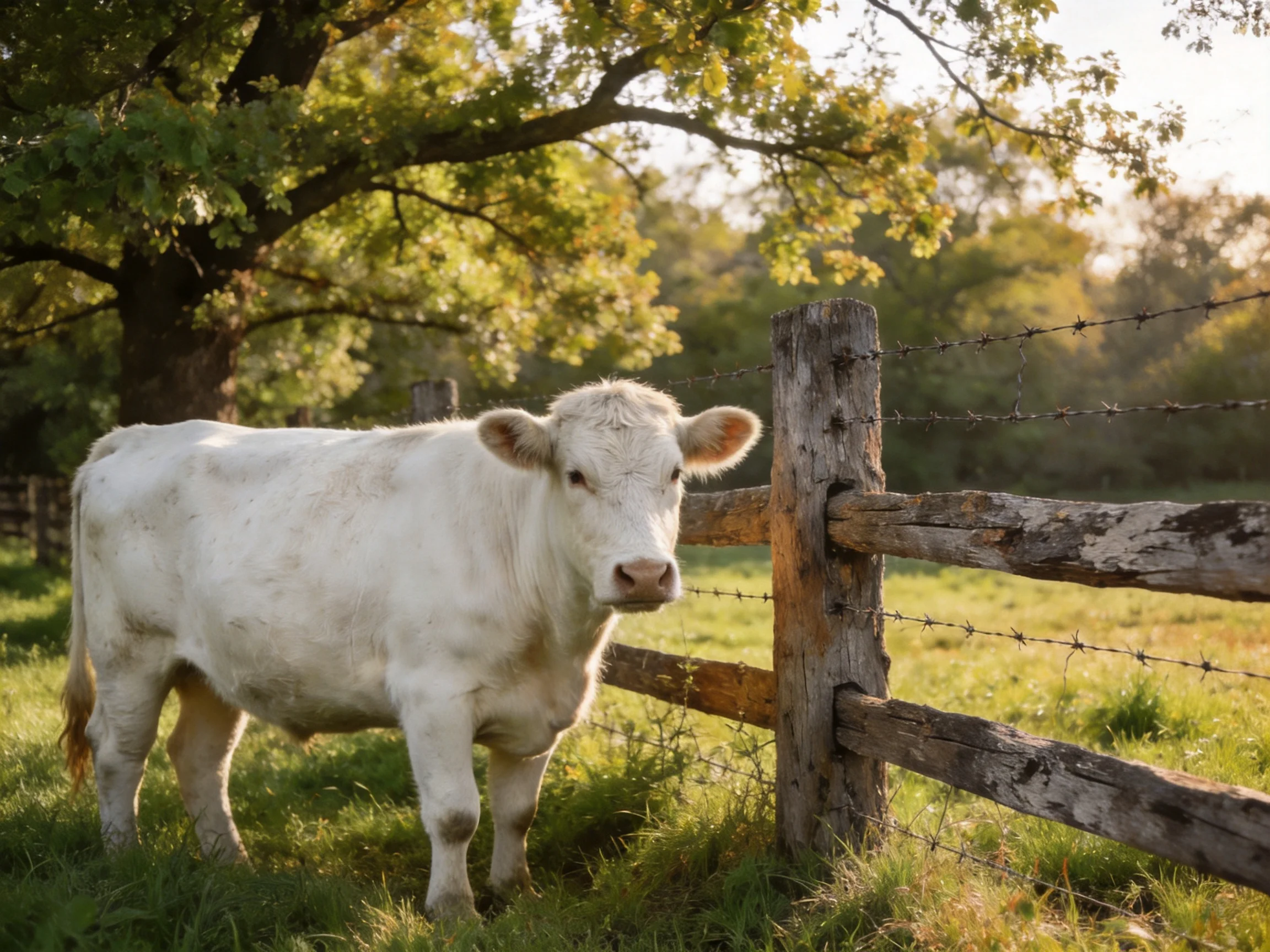 A white cow near a weathered wooden fence in a sunlit pasture
