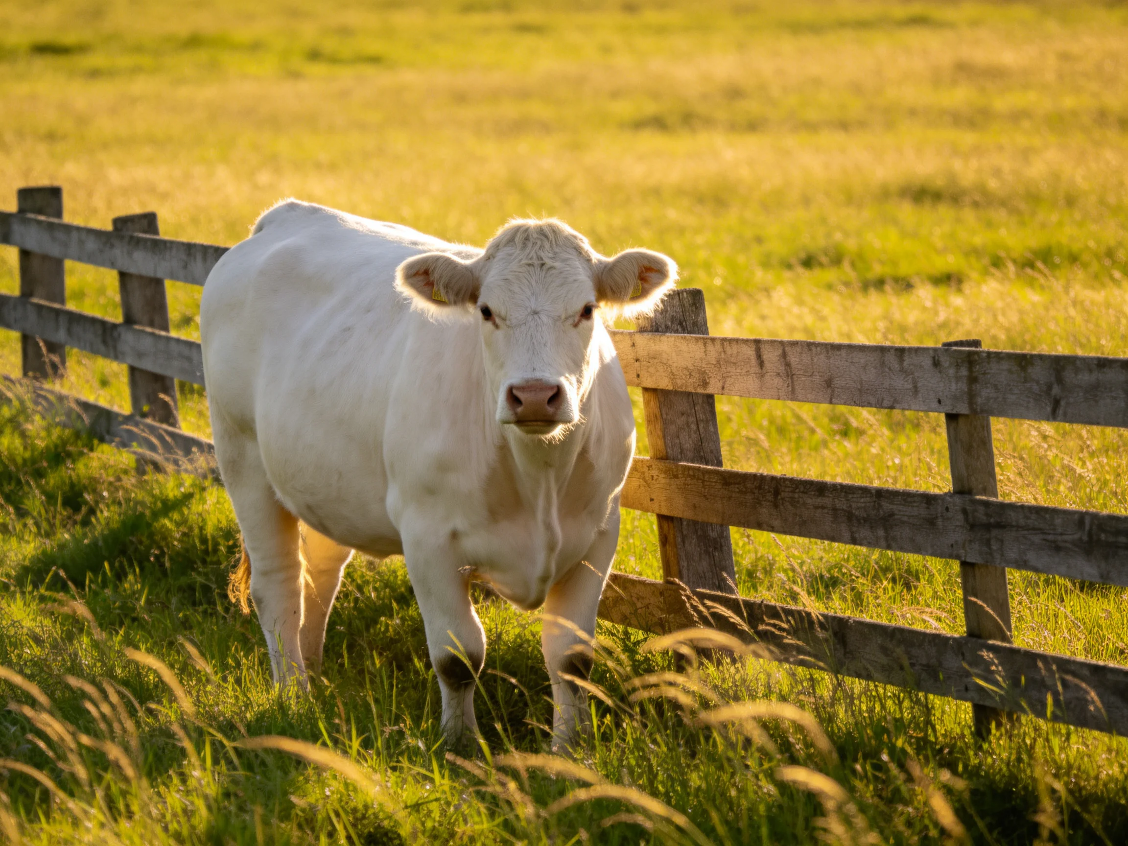 A white cow near a weathered wooden fence in a sunlit pasture