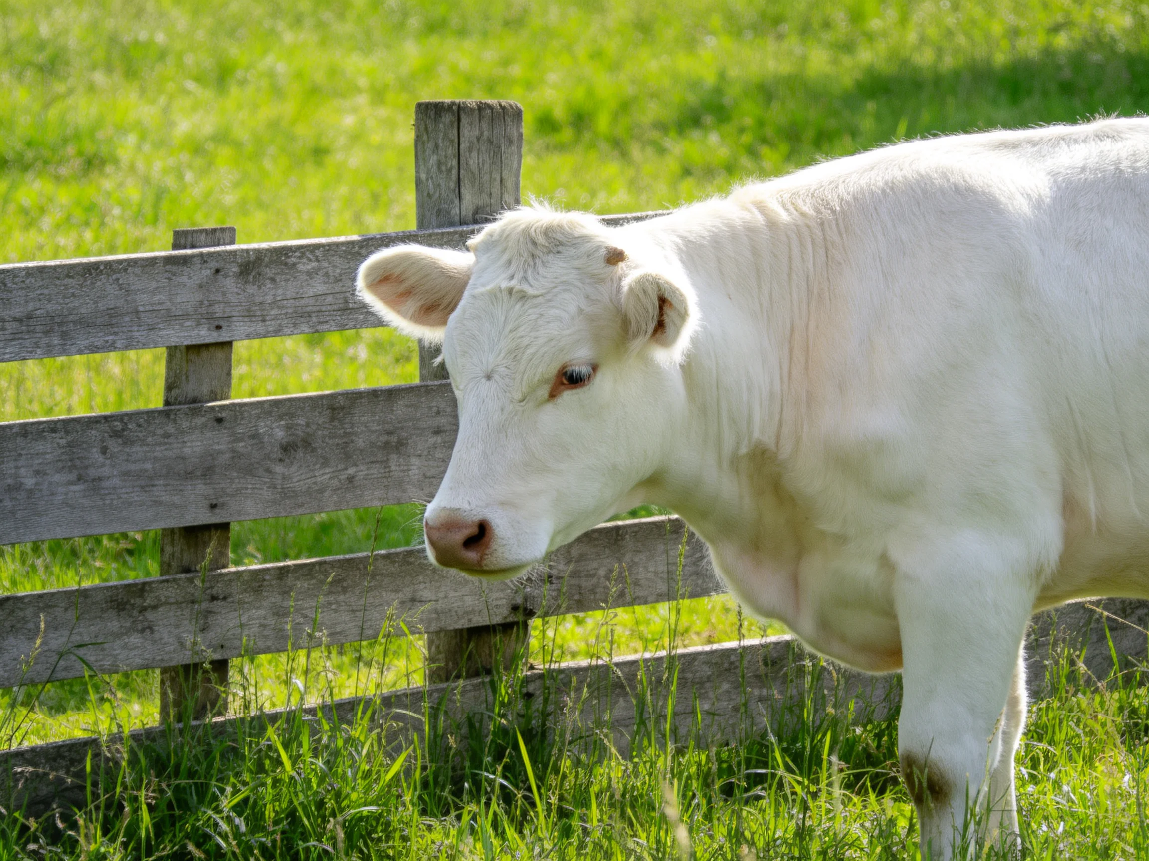 A white cow near a weathered wooden fence in lush green pasture