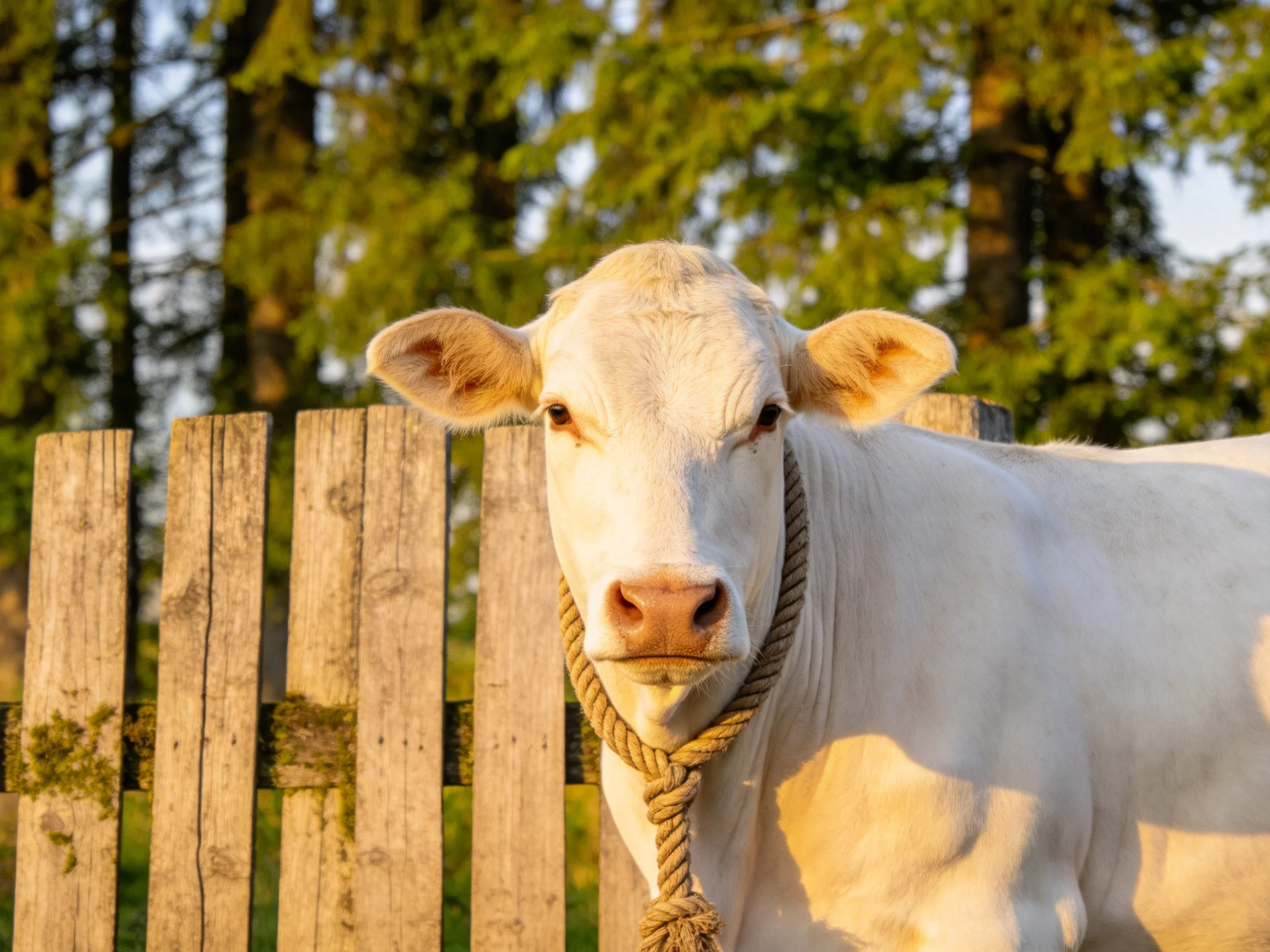 A white cow near a weathered wooden fence with green trees