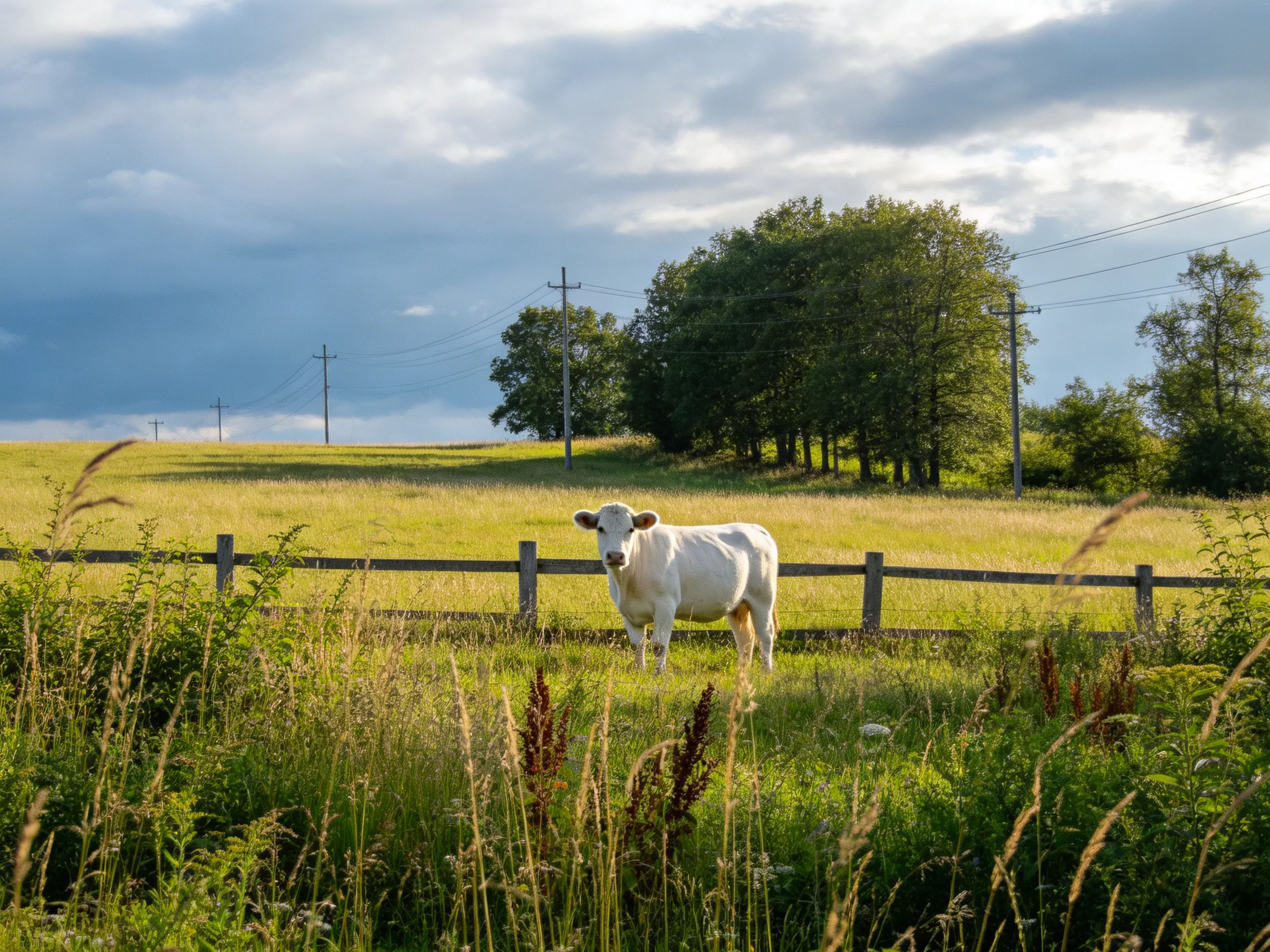 A white cow near a wooden fence in a lush pasture