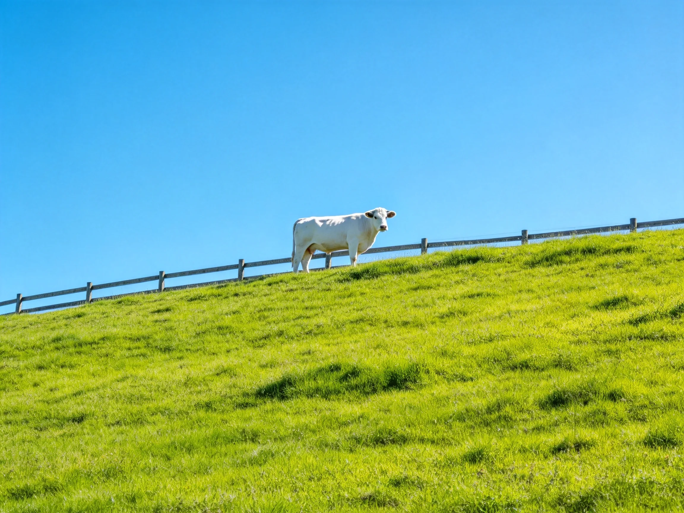 A white cow on a lush green hillside beside a wooden fence