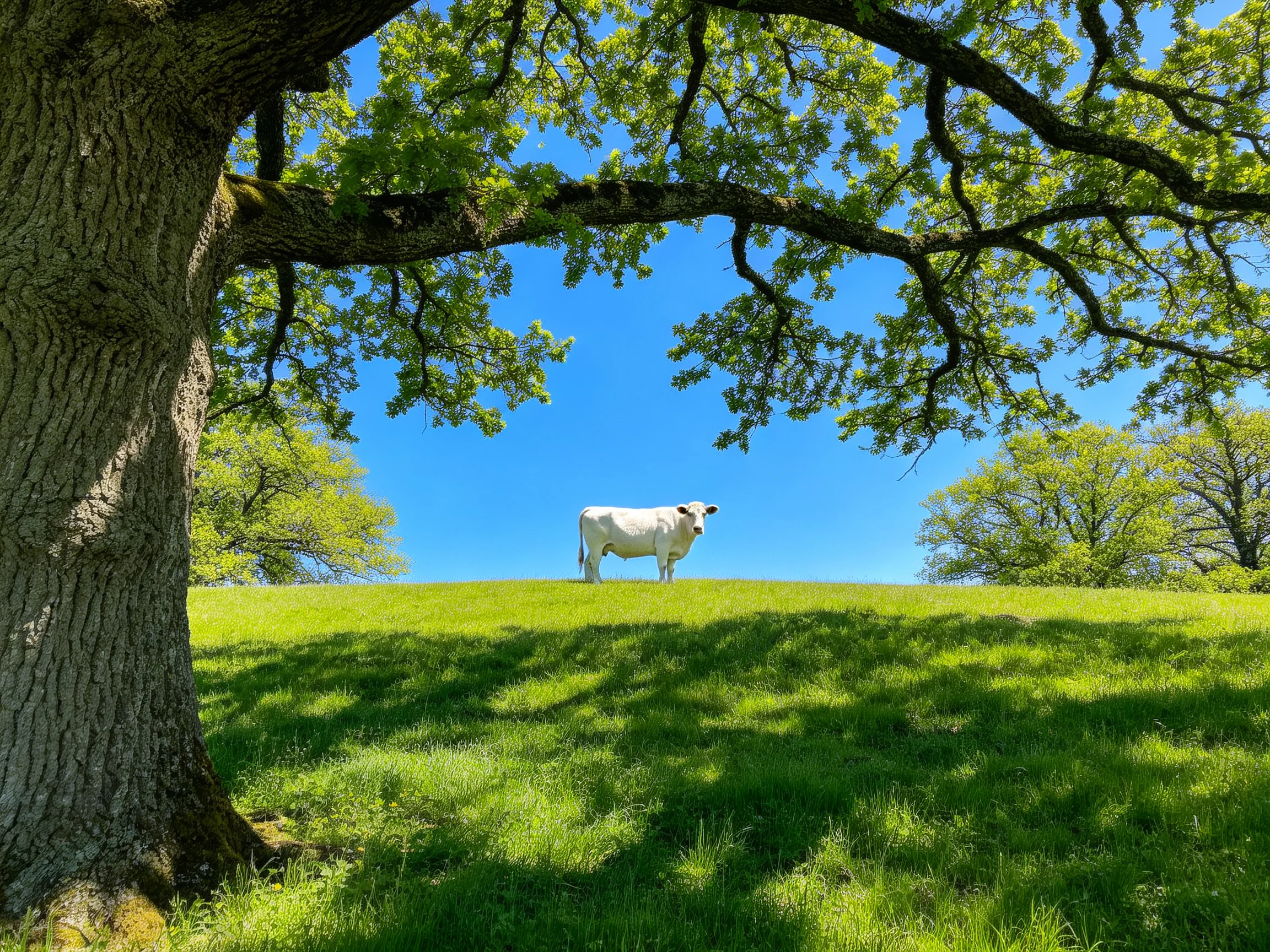 A white cow on a verdant hill beneath sprawling oak trees