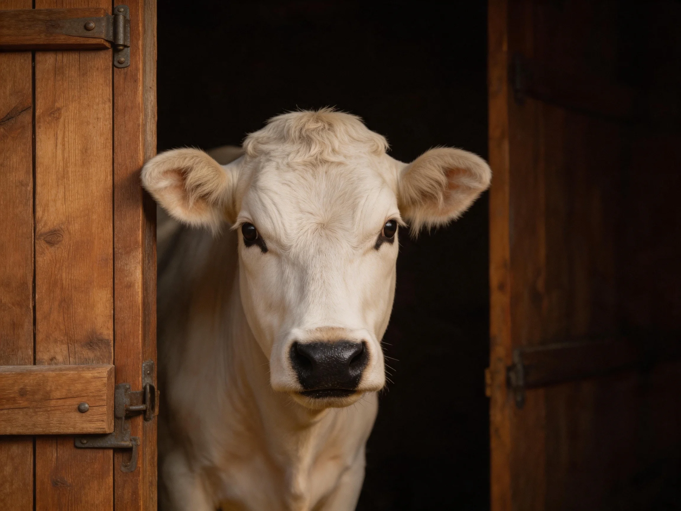 A white cow peeks from an open wooden stable door