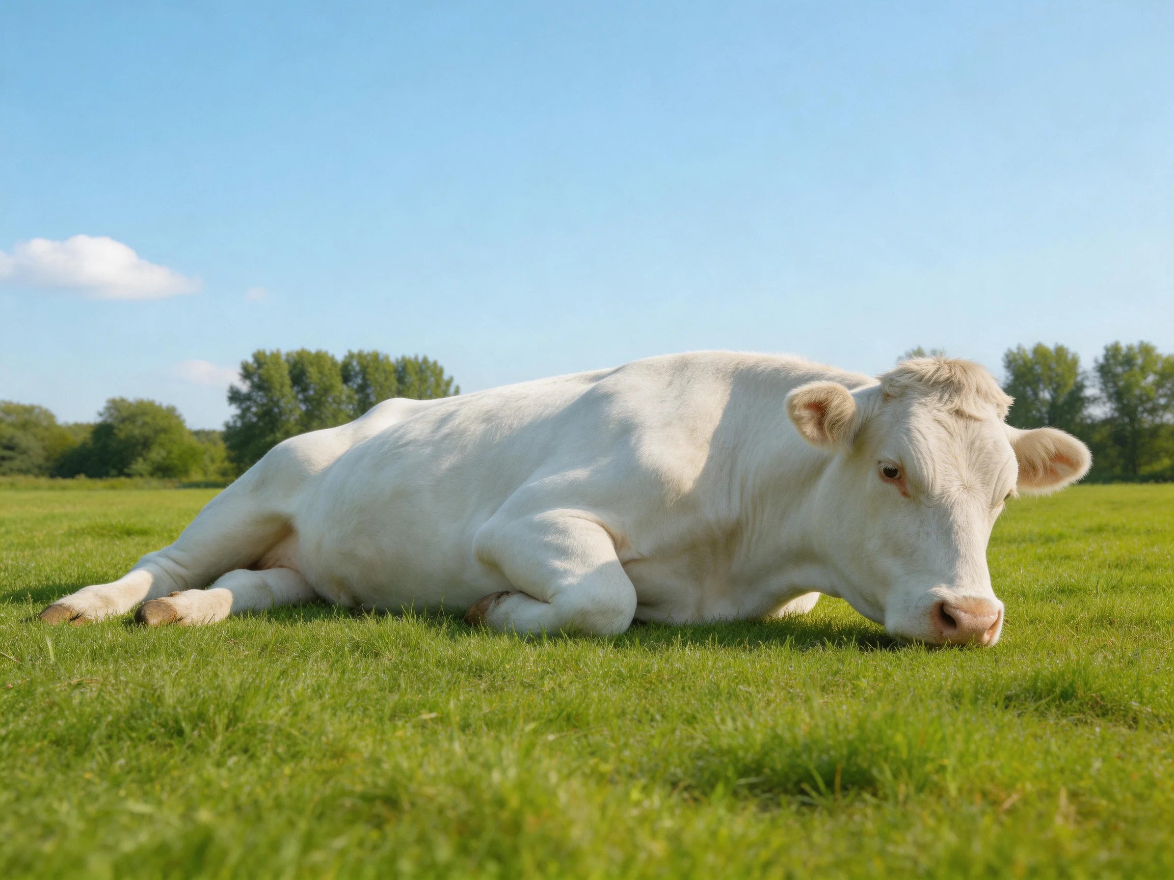 A white cow reclines on lush green grass under a clear blue sky