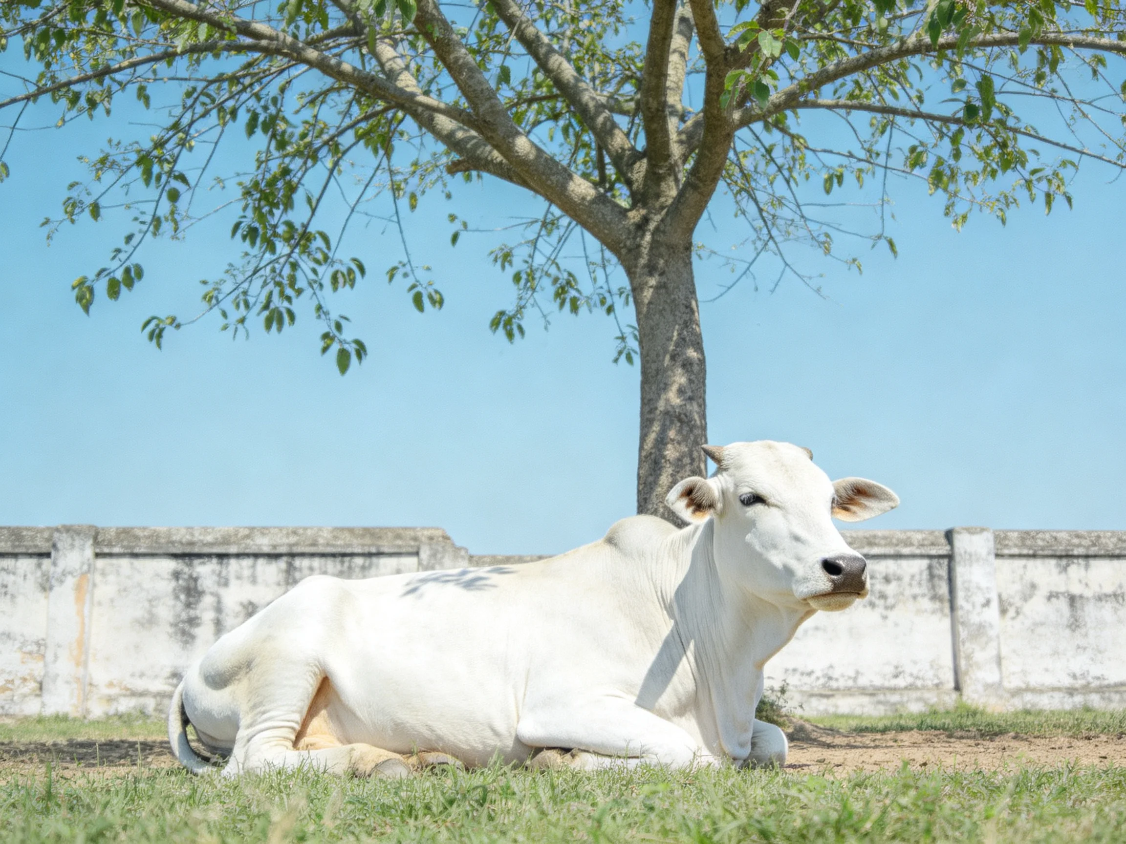 A white cow rests beside a leafy tree beneath a bright blue sky