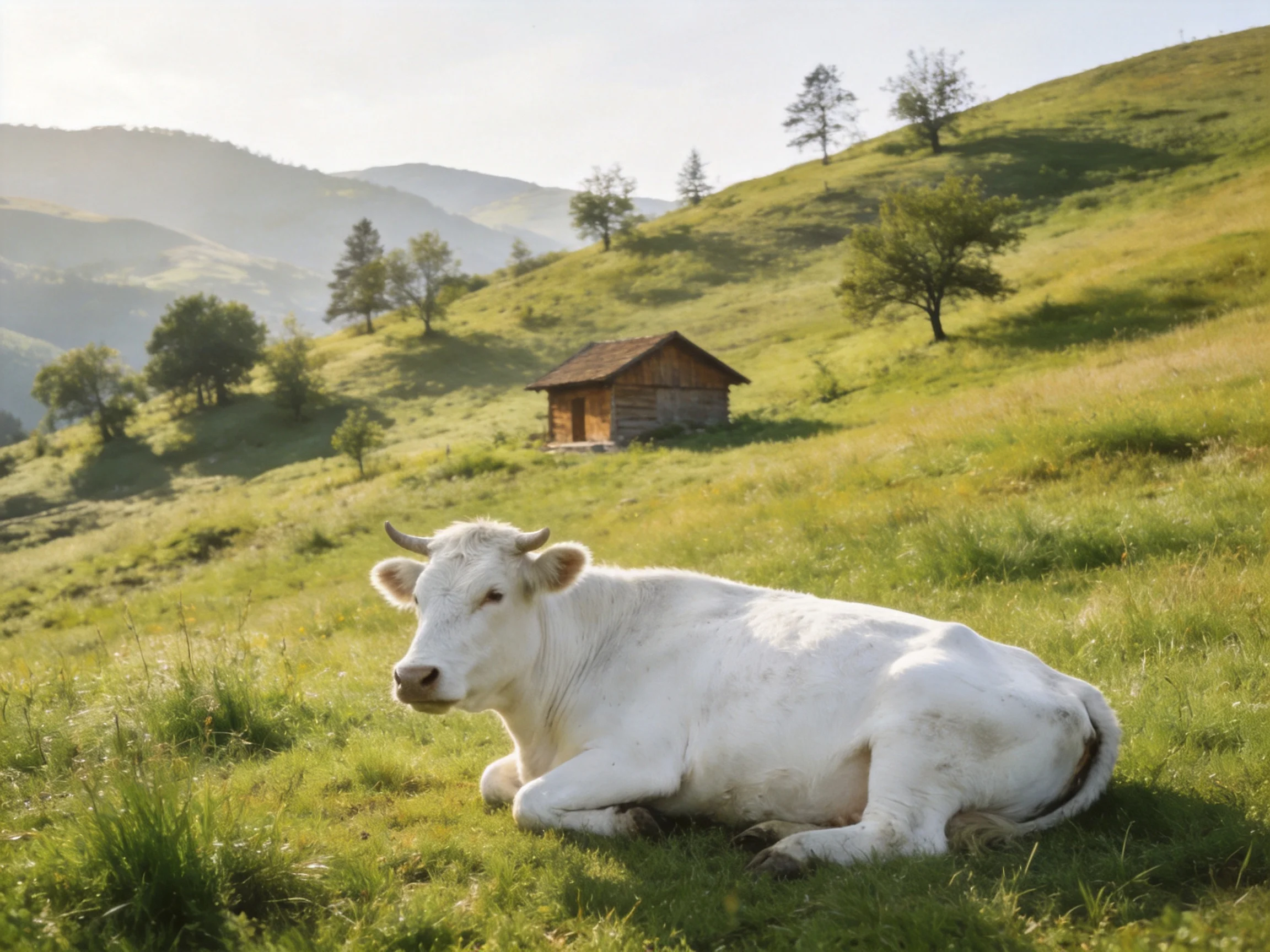 A white cow rests in a lush green meadow near a wooden cabin