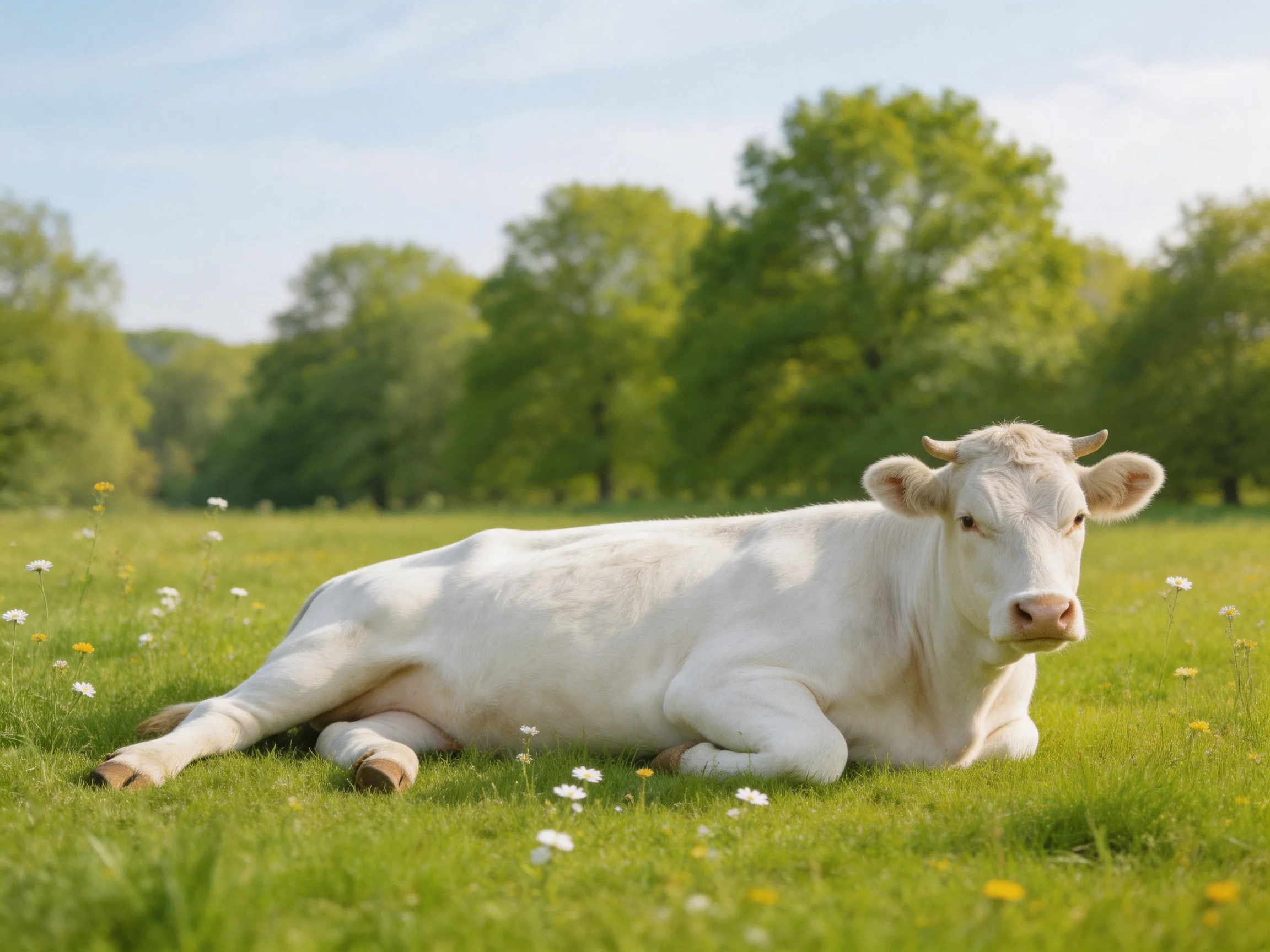 A white cow rests in a lush green meadow with distant trees