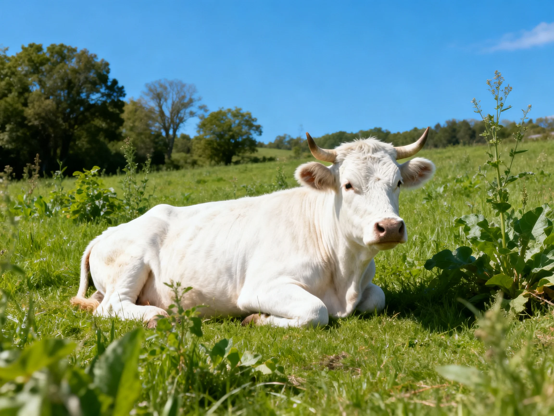 A white cow rests in a lush green pasture with distant trees