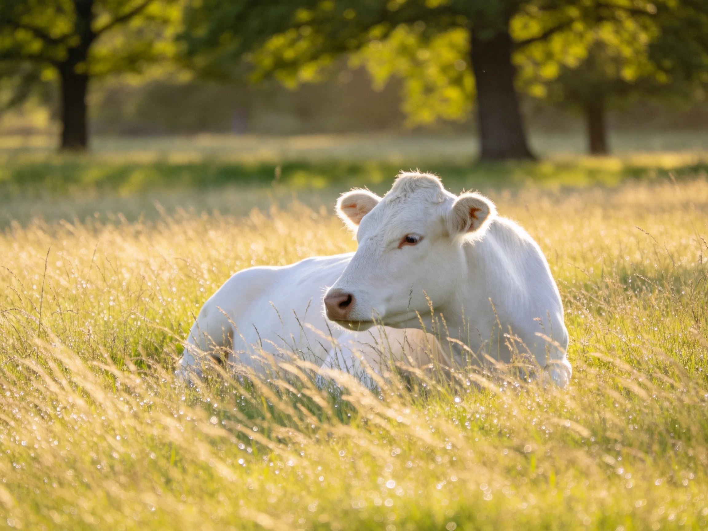 A white cow rests in a sunlit grassy meadow near trees